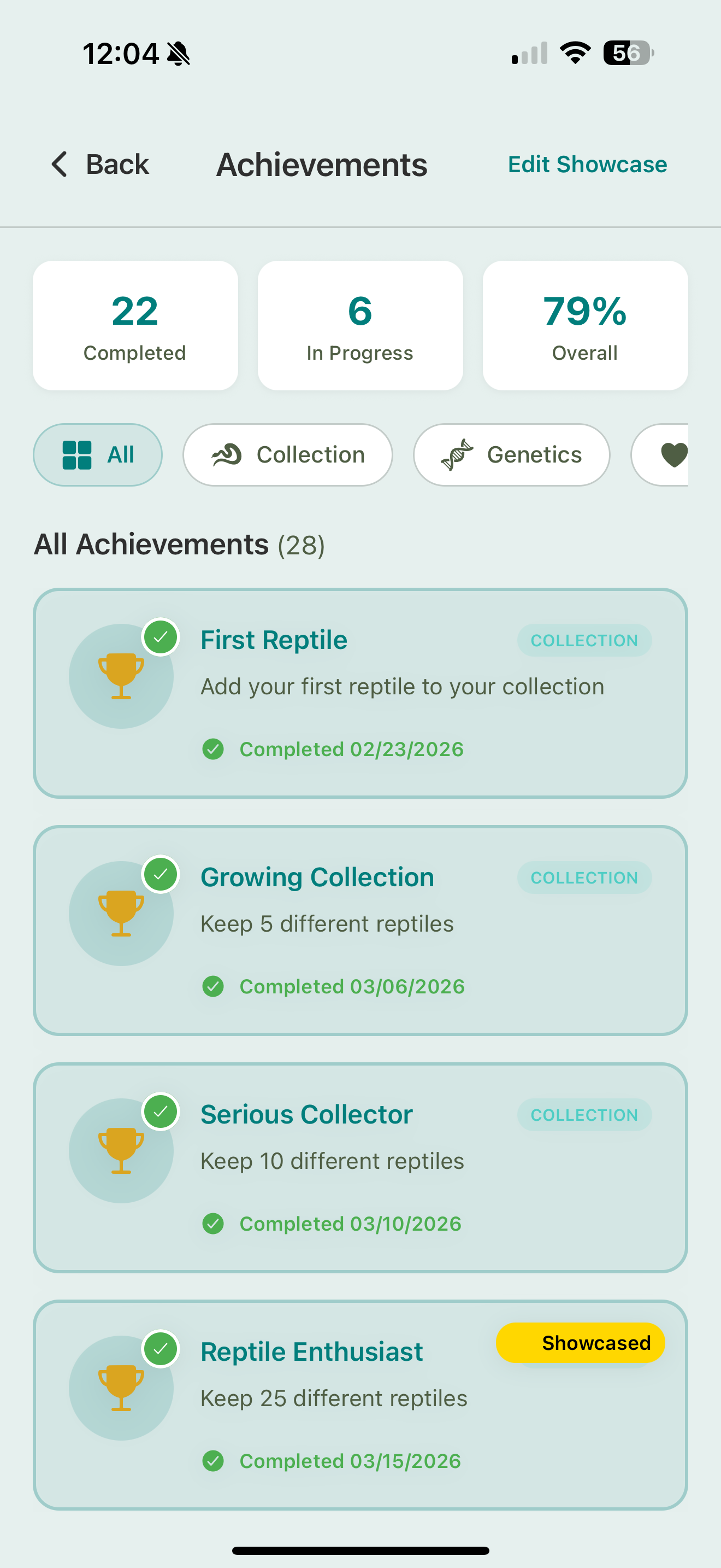 The Achievements screen: Completed / In Progress / Overall stat cards, category filter chips (All, Collection, Genetics), and a list of achievement cards with completion dates and a Showcased badge.