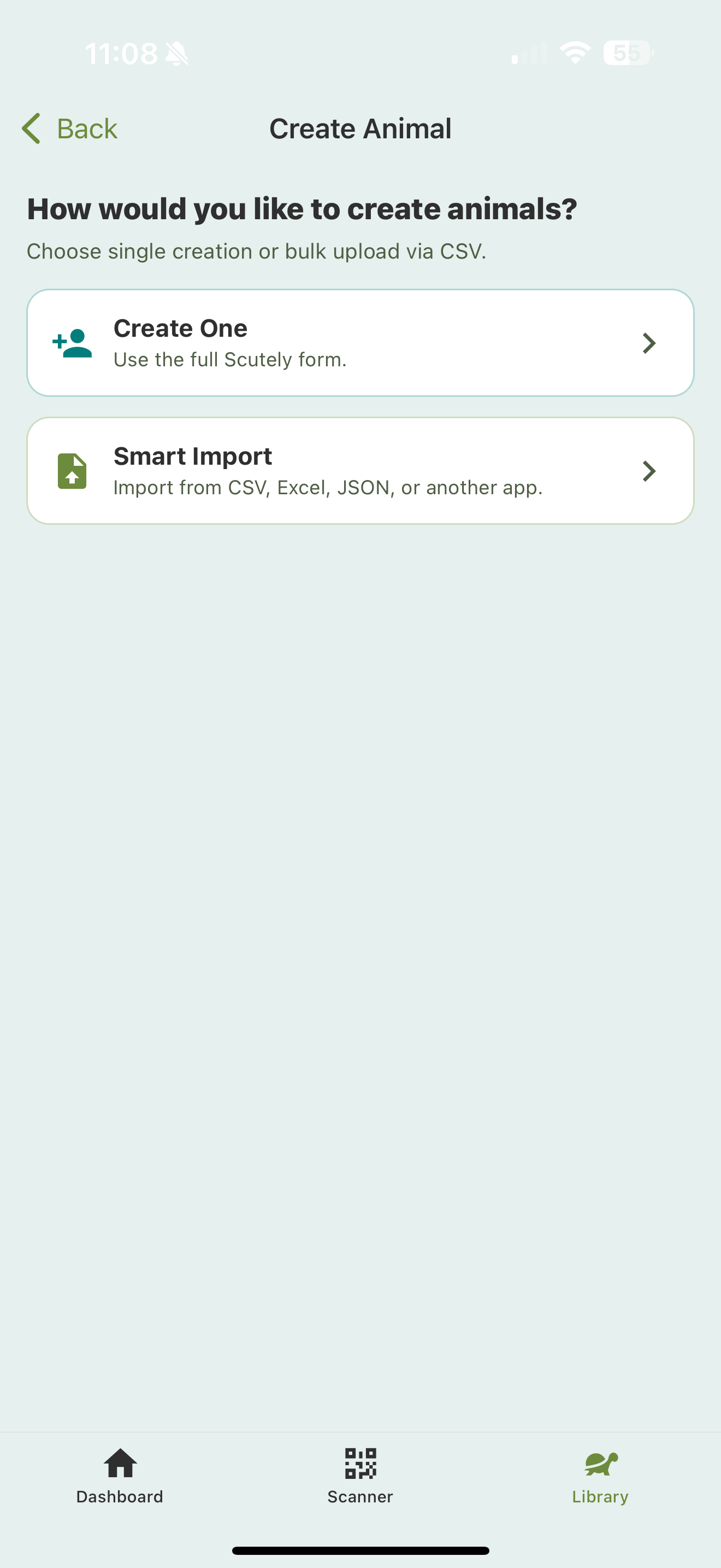 The Create Animal screen asking how you'd like to create animals, with Create One and Smart Import options.