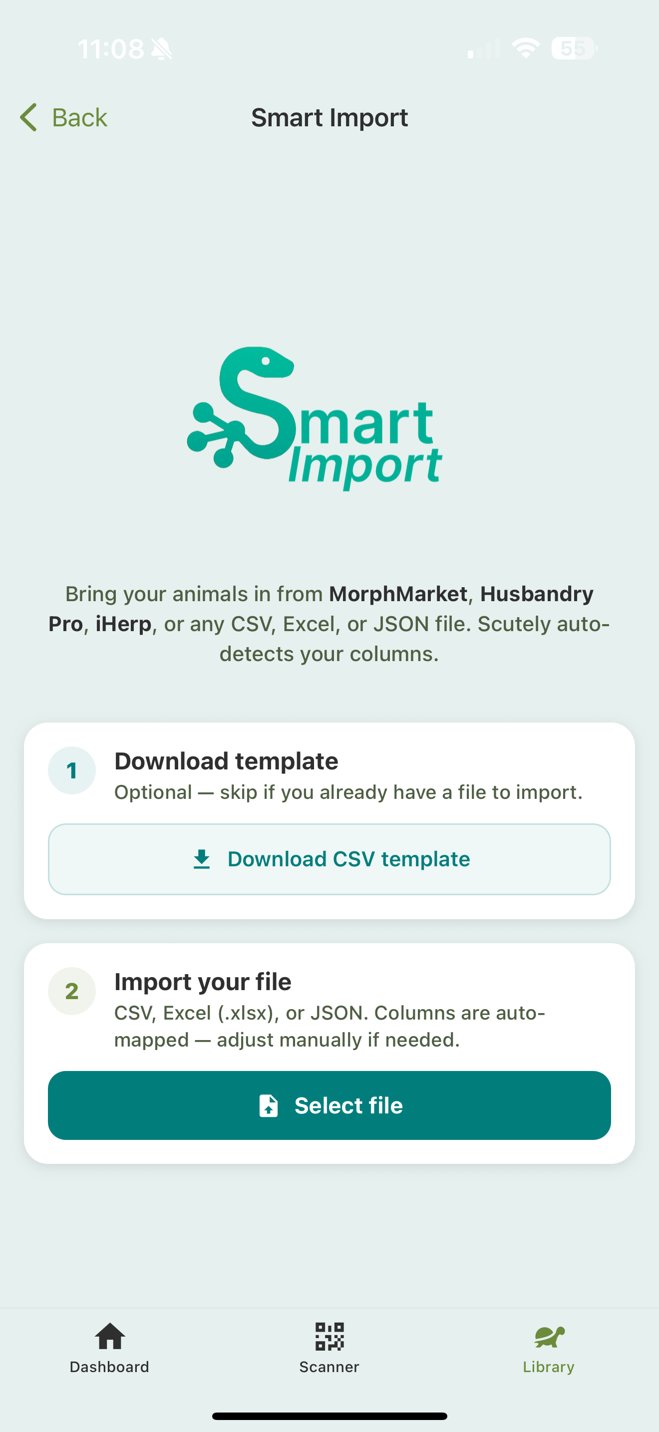 The Smart Import screen with a Download CSV template step and a Select file step for CSV, Excel, or JSON.