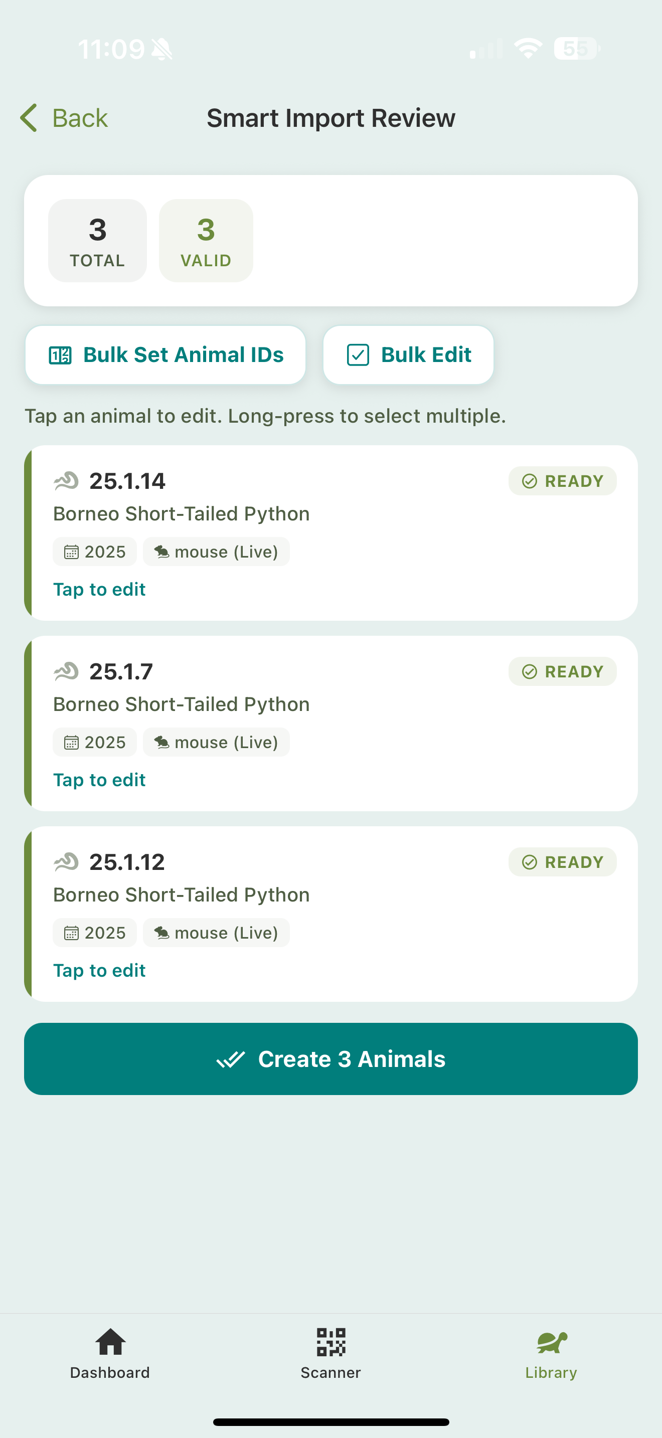 The Smart Import Review screen with Total and Valid counts, Bulk Set Animal IDs and Bulk Edit buttons, animal cards marked Ready, and a Create Animals button.