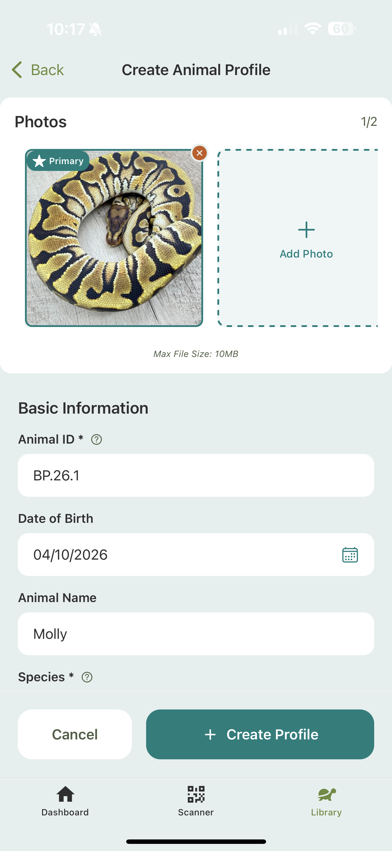 The Create Animal Profile screen with a primary photo and Basic Information: Animal ID, Date of Birth, name, and species.