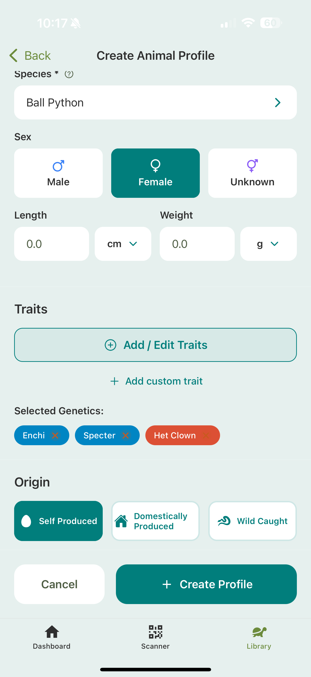 The animal form showing species, sex, length and weight, Traits with selected genetics pills, and Origin options.