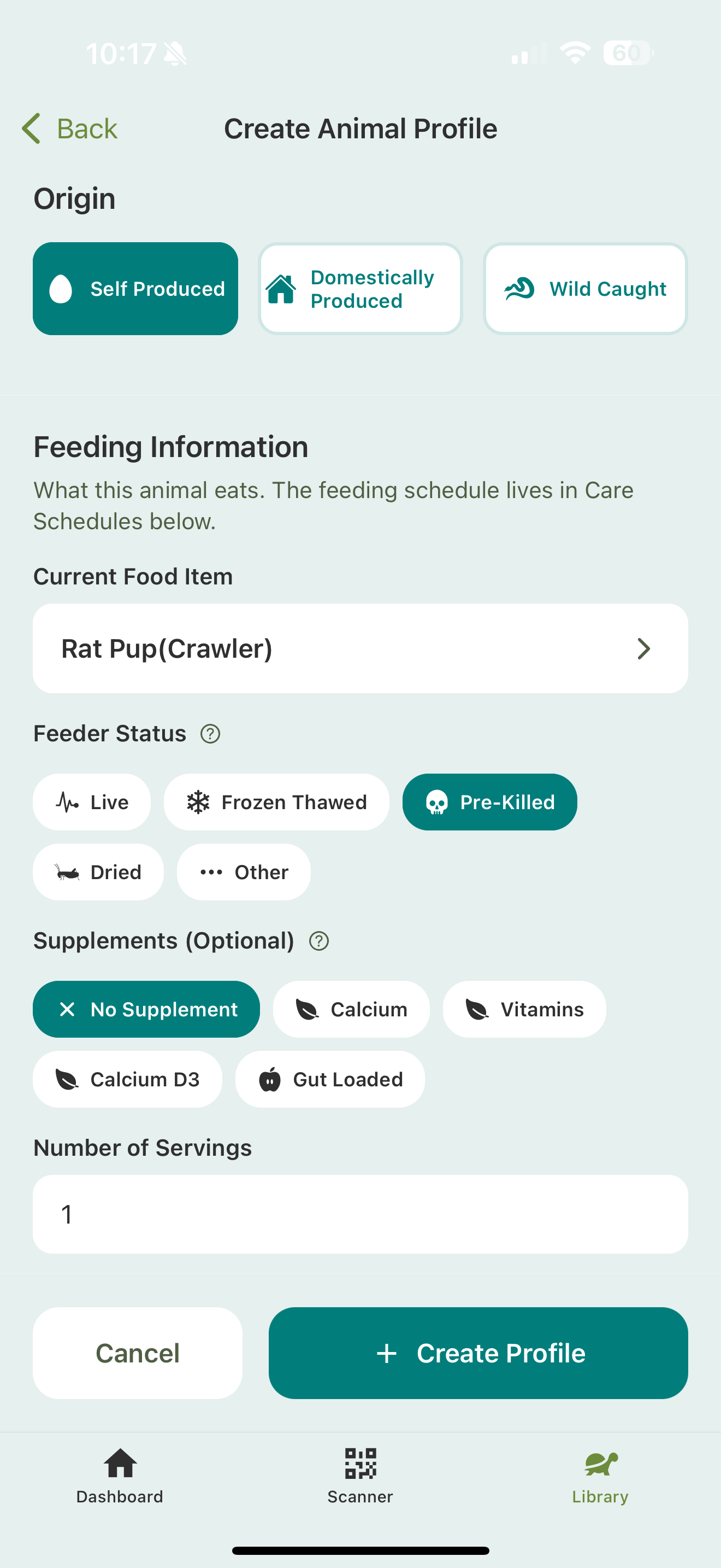 The Feeding Information section with current food item, feeder status, supplements, and number of servings.