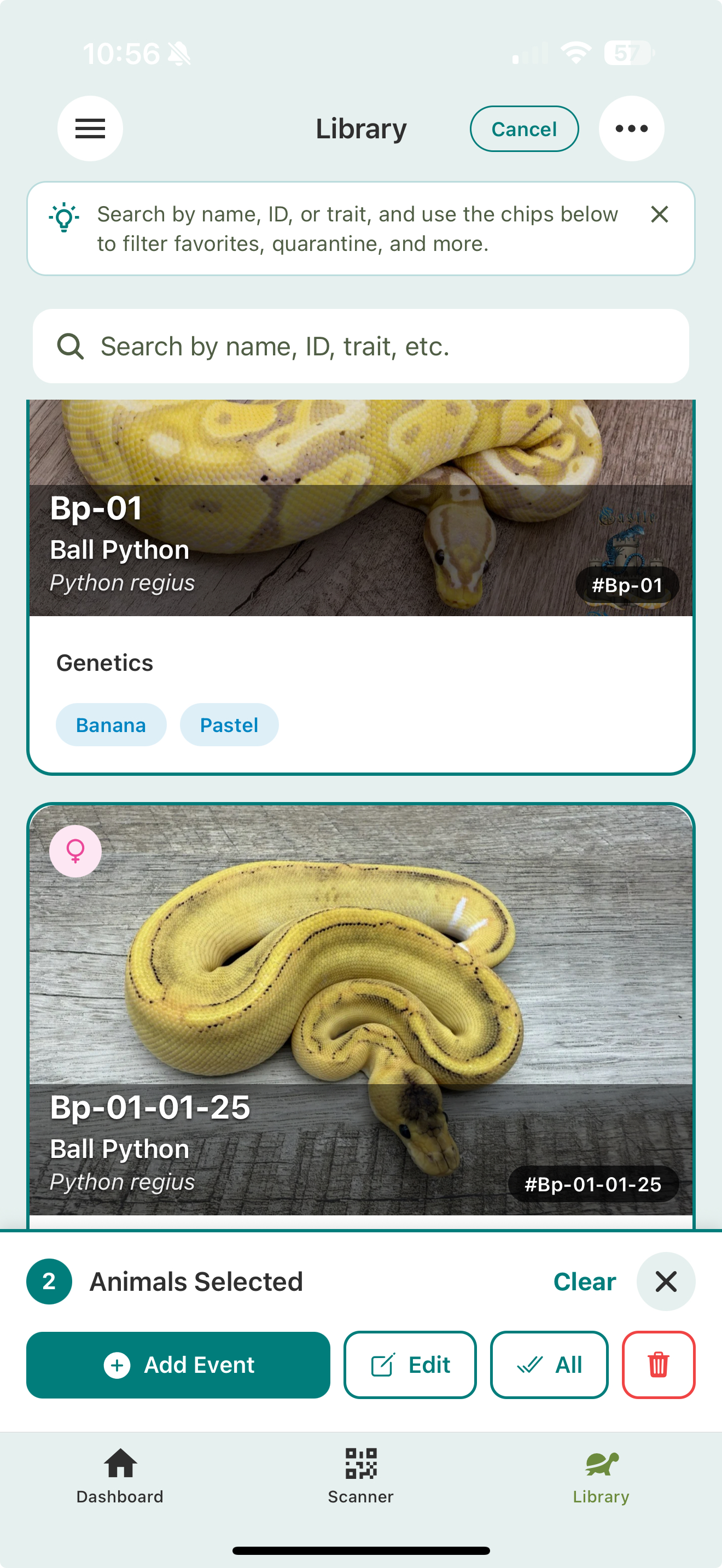 The Library in multi-select mode with two animals selected and a bottom action bar showing Add Event, Edit, All, and Delete.