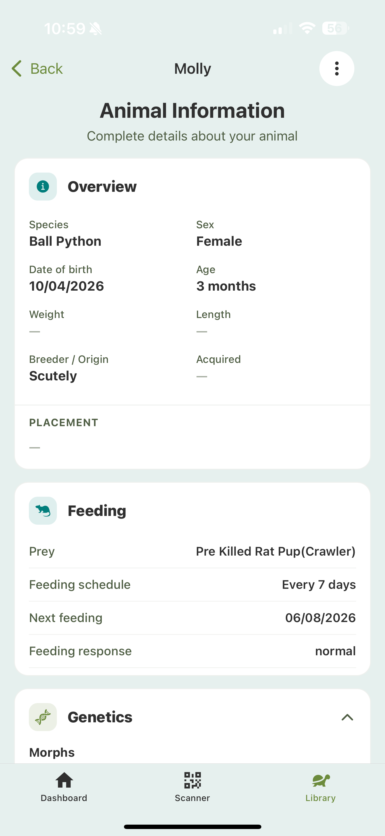 The Info tab with an Overview card (species, sex, date of birth, age, breeder) and a Feeding card.