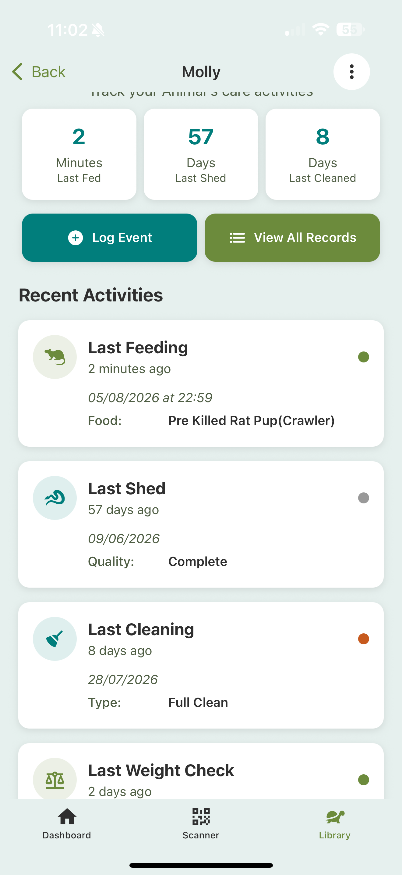 An animal's Dashboard tab showing Last Fed, Last Shed, and Last Cleaned stats, a Log Event button, and a Recent Activities timeline of logged events.
