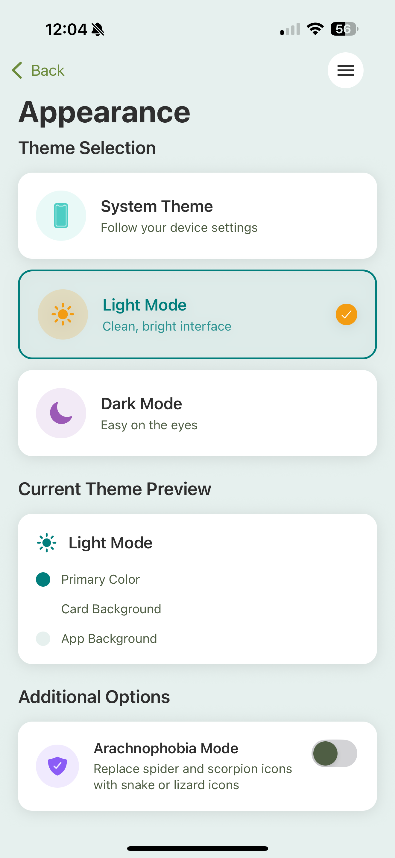 The Appearance screen: a Theme Selection with System / Light / Dark options, a Current Theme Preview showing the active colors, and an Arachnophobia Mode toggle.