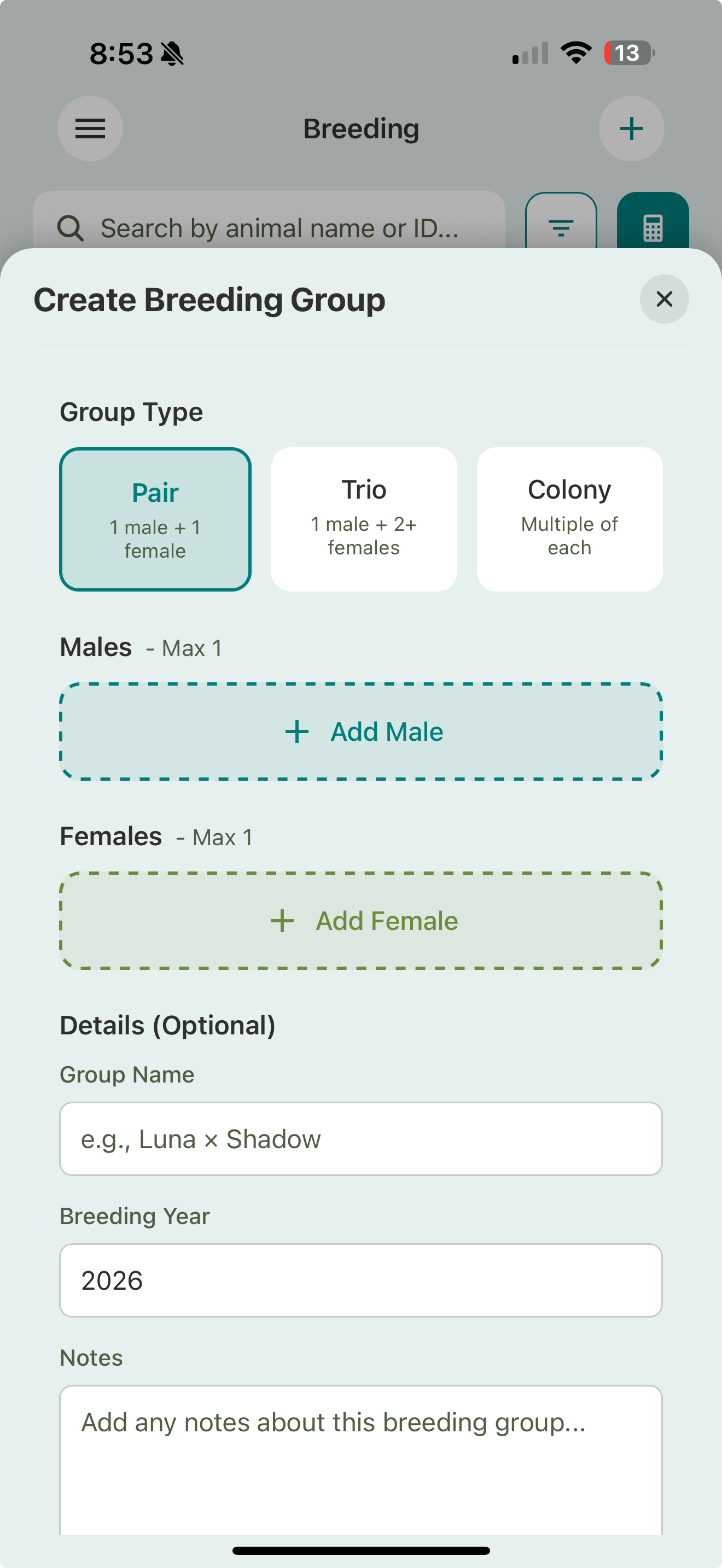 The Create Breeding Group sheet with a Group Type selector (Pair, Trio, Colony), Add Male and Add Female buttons, and optional details for group name, breeding year, and notes.
