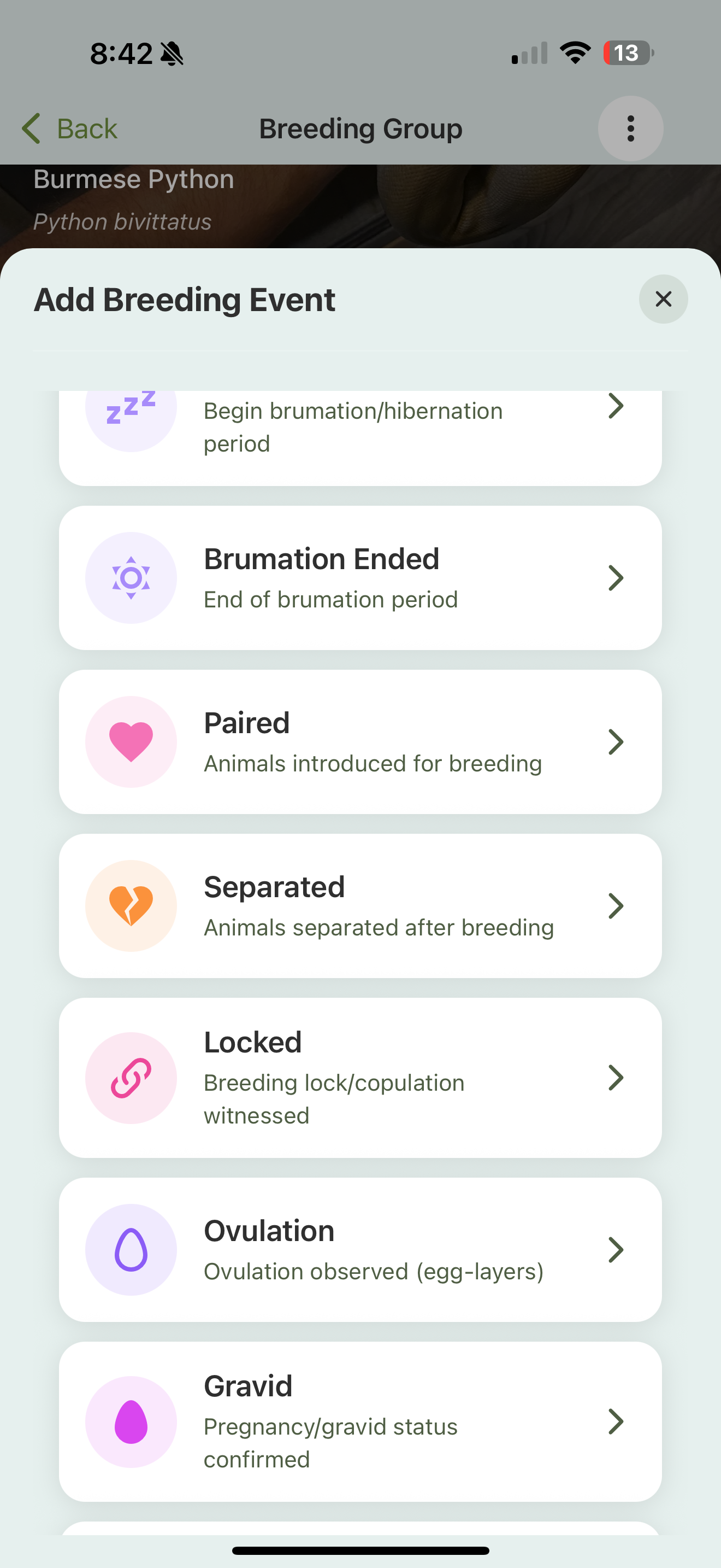 The Add Breeding Event picker listing event types with icons: Brumation Ended, Paired, Separated, Locked, Ovulation, and Gravid, each with a short description.