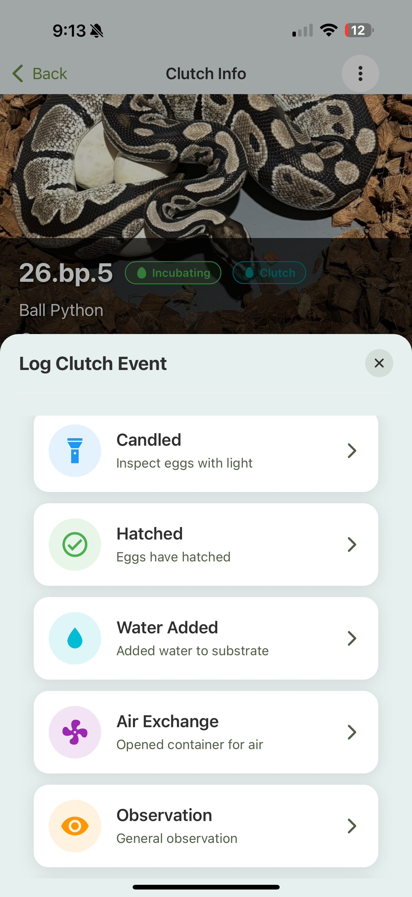 The Log Clutch Event picker listing event types with icons: Candled, Hatched, Water Added, Air Exchange, and Observation, each with a short description.