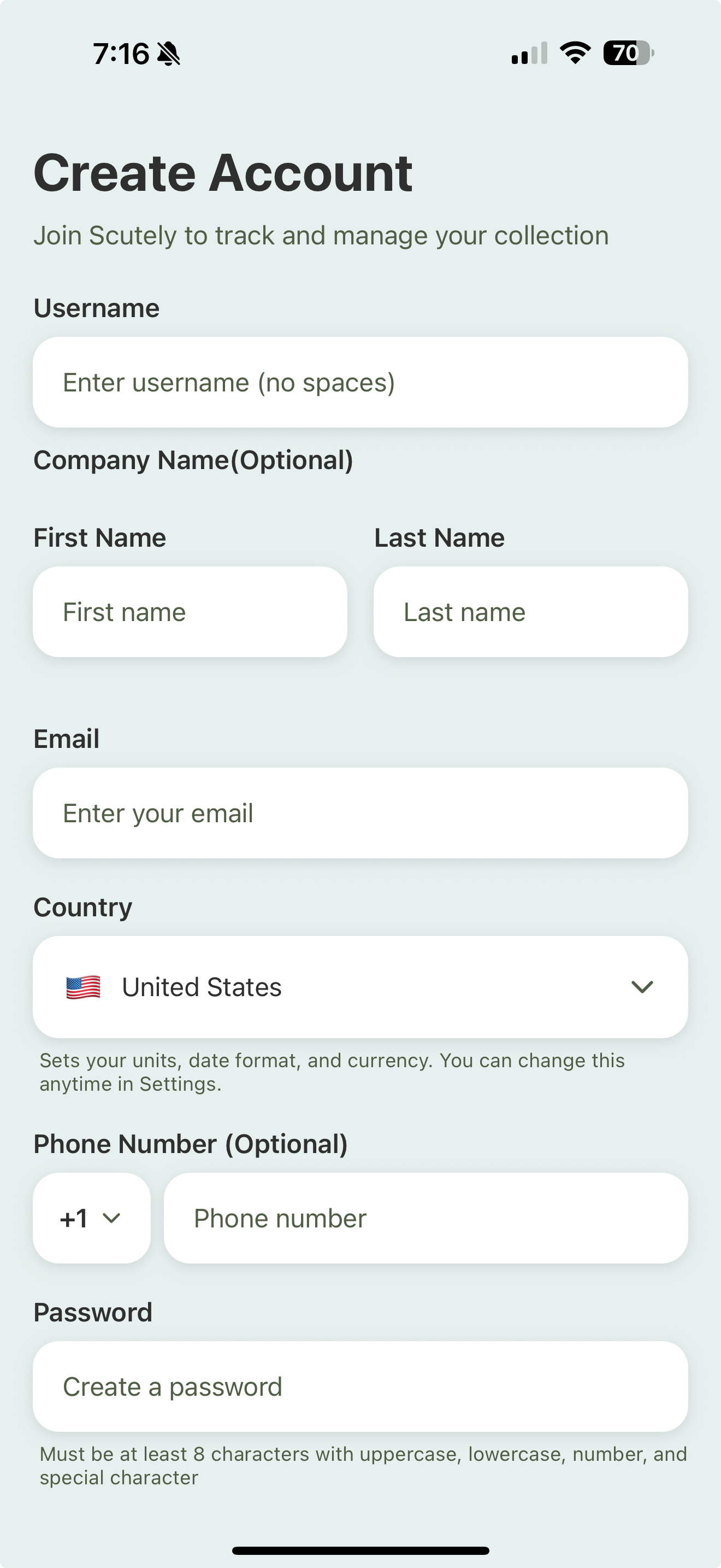 The Create Account form with username, name, email, country, phone, and password fields.