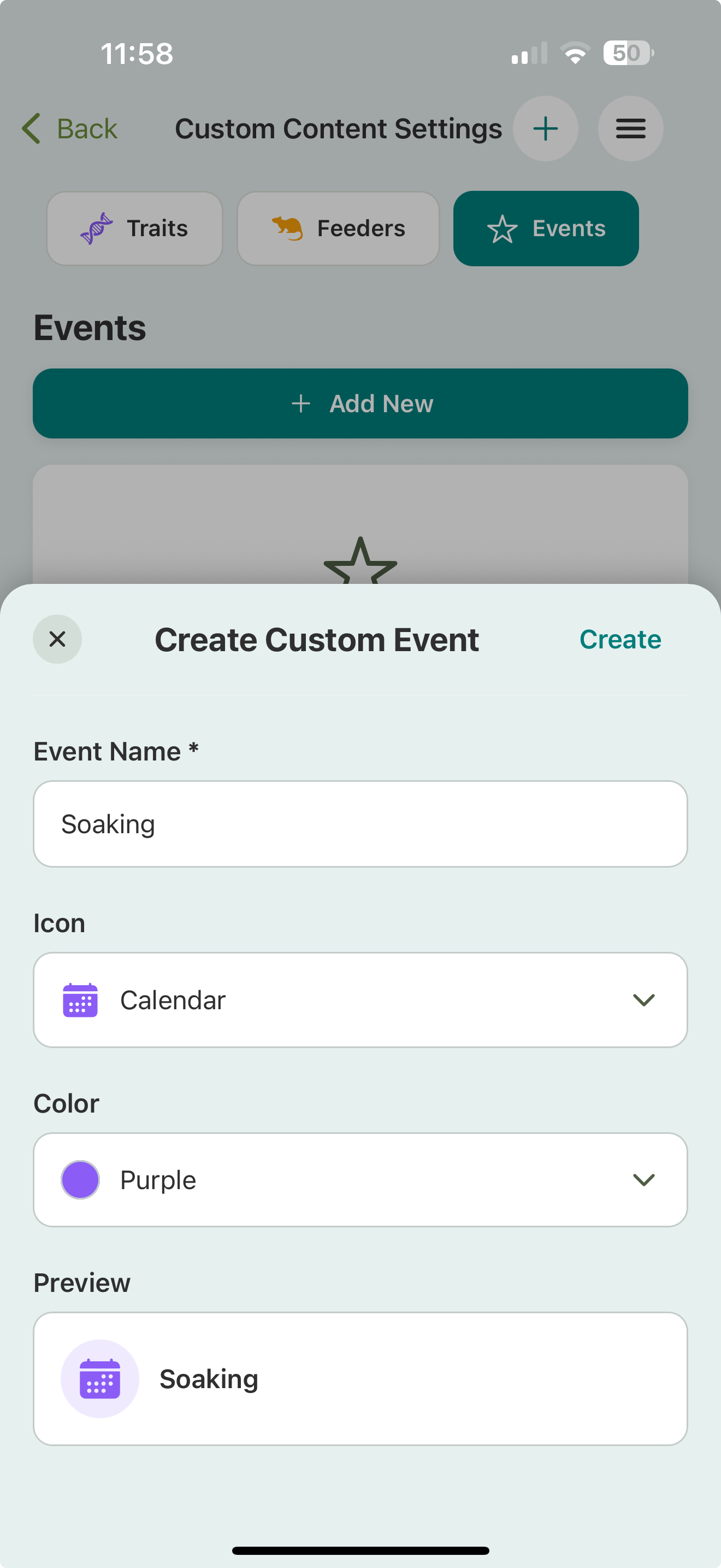 The Create Custom Event sheet with an Event Name field set to Soaking, an Icon picker set to Calendar, a Color picker set to Purple, and a live preview of the resulting event.