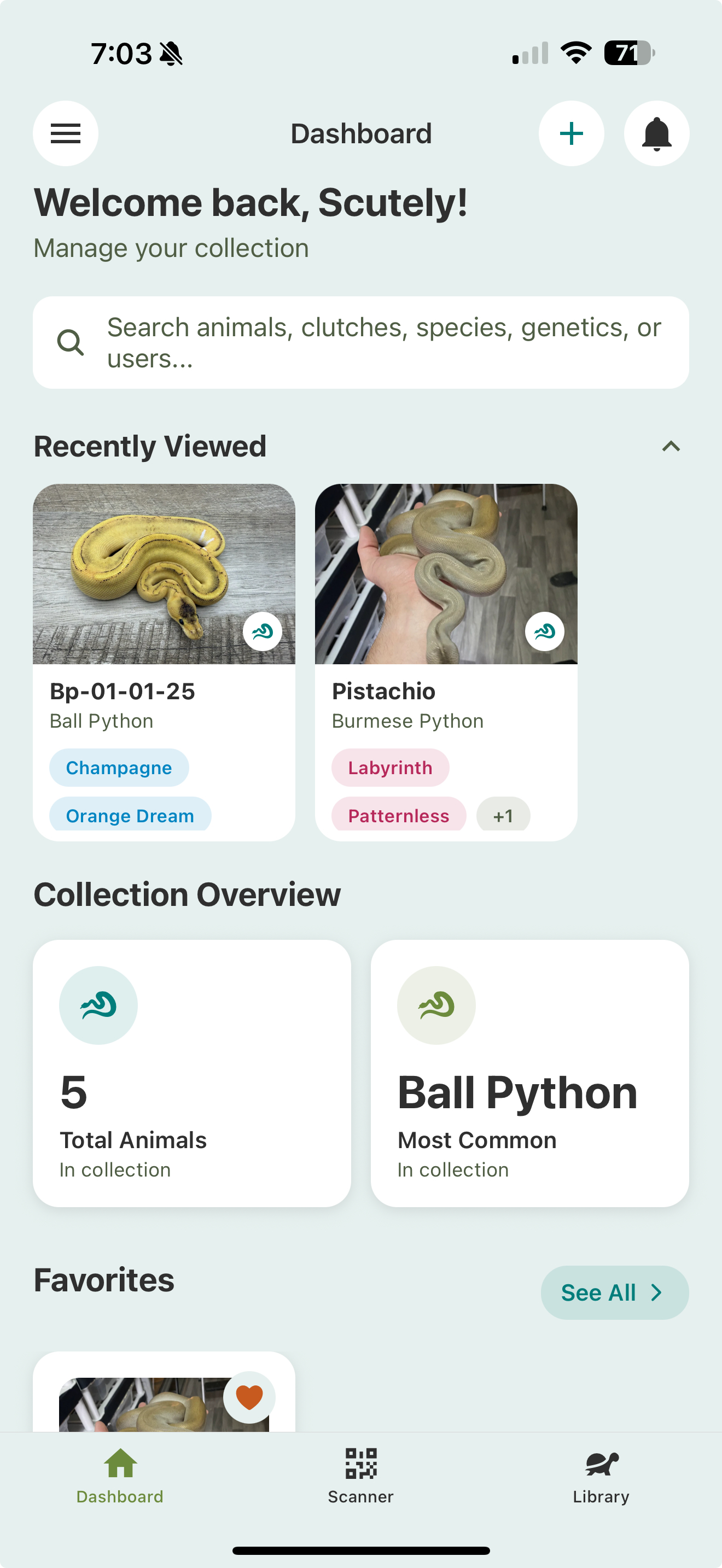 The Scutely dashboard showing the search bar, Recently Viewed animals, and Collection Overview.
