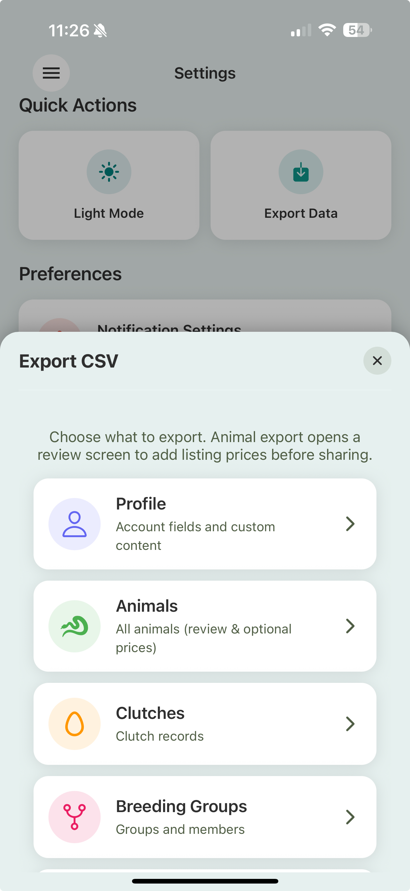 The Export CSV sheet in Settings with options for Profile, Animals, Clutches, and Breeding Groups.