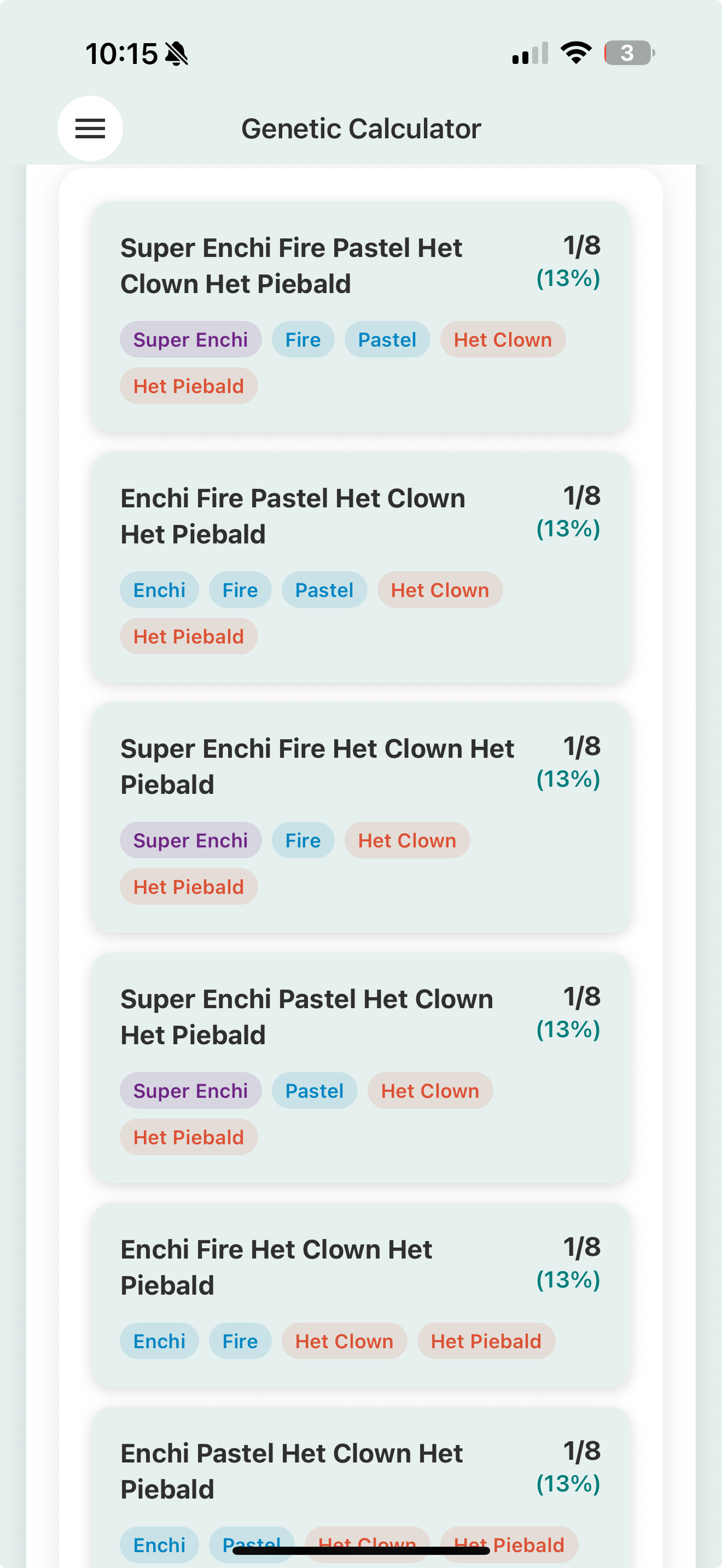 The Genetic Outcomes list: each possible offspring morph with its fraction and percentage, and color-coded trait chips ordered visual traits first (Super Enchi, Fire, Pastel) with het carriers last (Het Clown, Het Piebald).