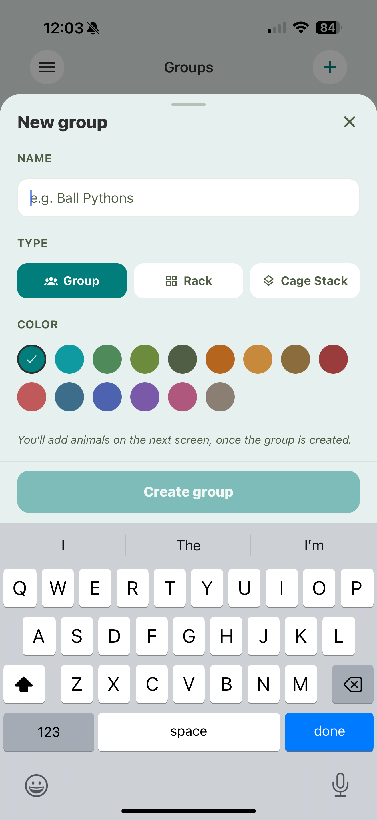 The New group sheet with a name field, a type selector (Group, Rack, Cage Stack), and a color picker, above a Create group button.