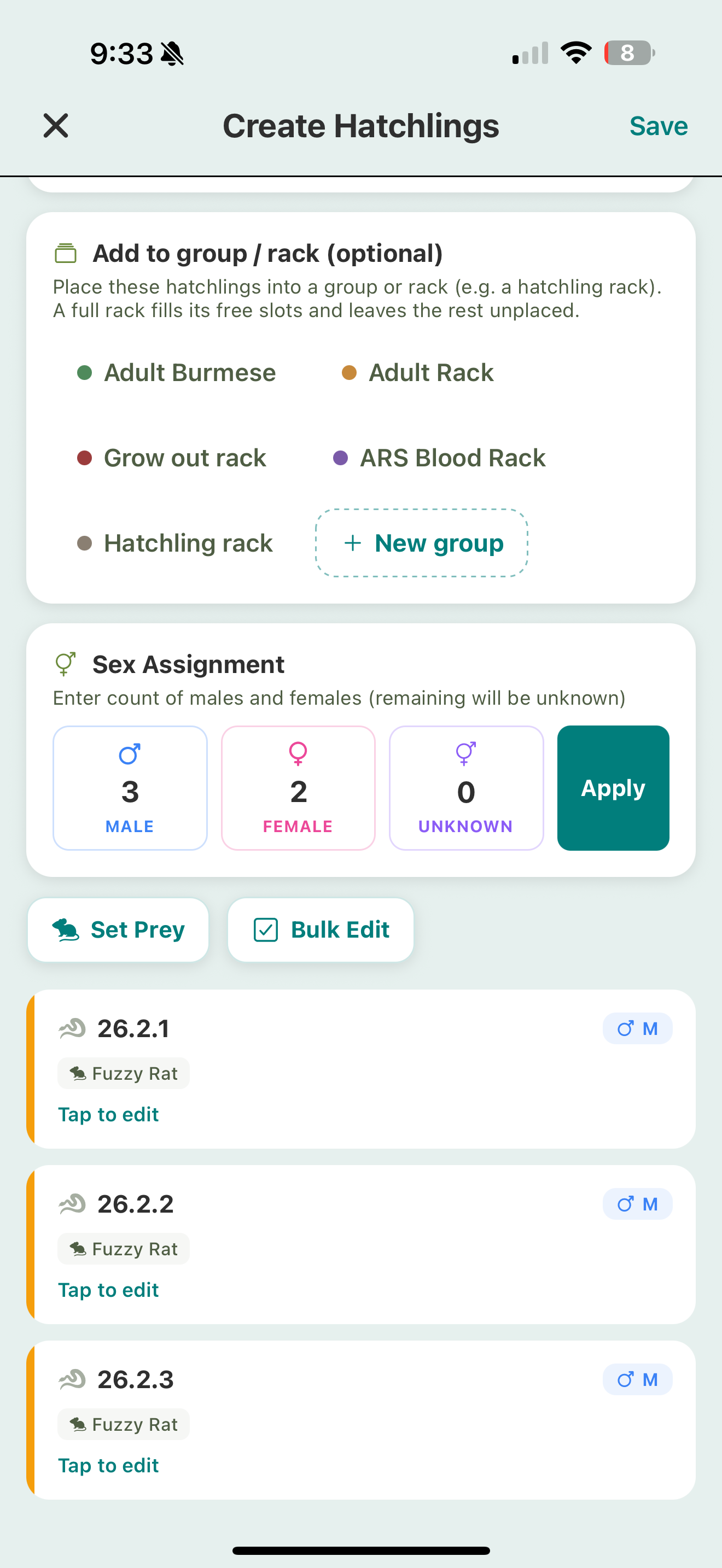 The Create Hatchlings form: a Total / Males / Females / Unsexed count row, a Number of Hatchlings field, an Animal IDs section for sequential numbering, and a Hatch date picker.