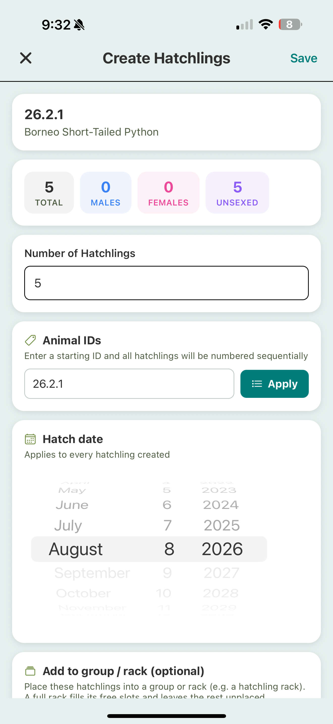 The lower Create Hatchlings form: an Add to group / rack selector, a Sex Assignment counter with an Apply button, Set Prey and Bulk Edit shortcuts, and per-hatchling rows each with an ID, prey item, and sex.