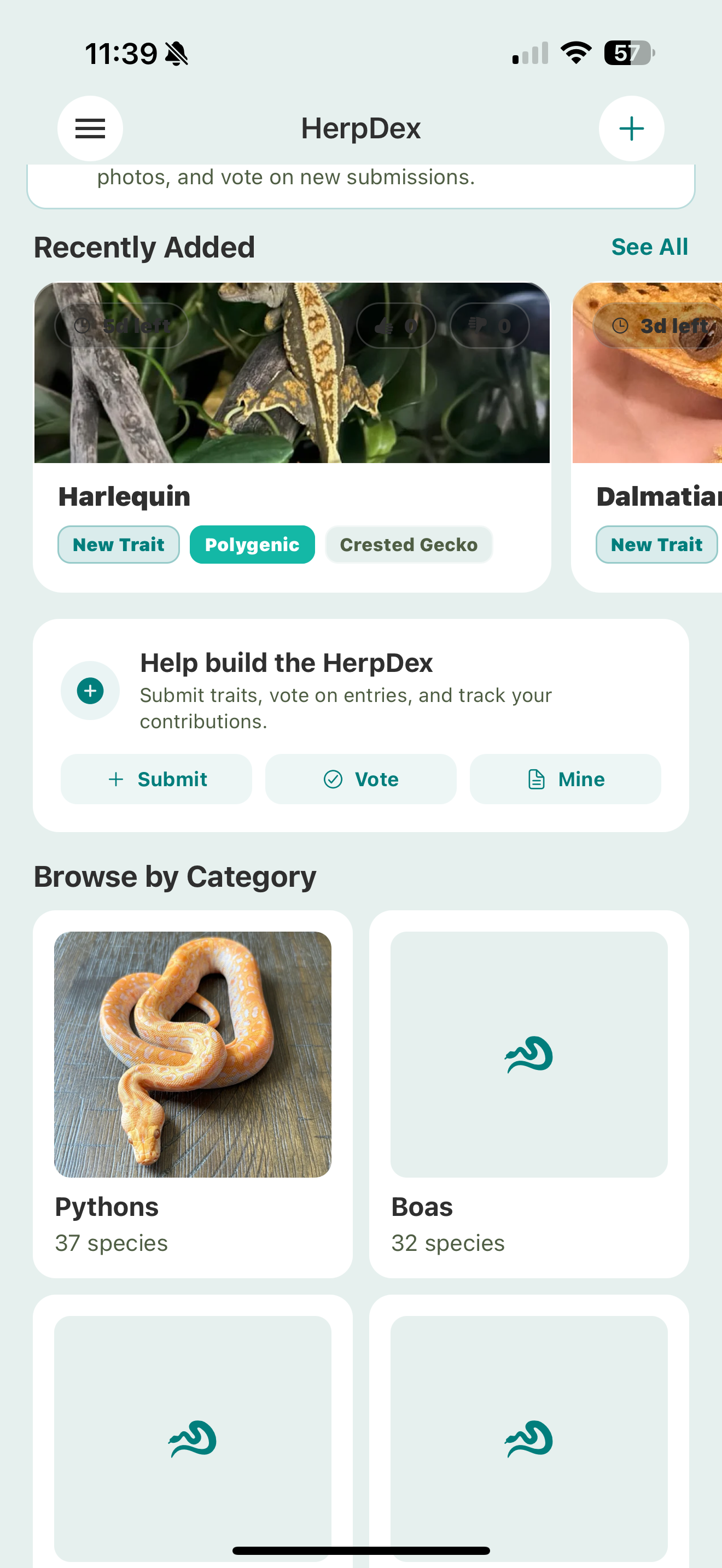 The HerpDex browse screen: a Recently Added row of trait submissions, a Help build the HerpDex card with Submit / Vote / Mine buttons, and a Browse by Category grid of species families.