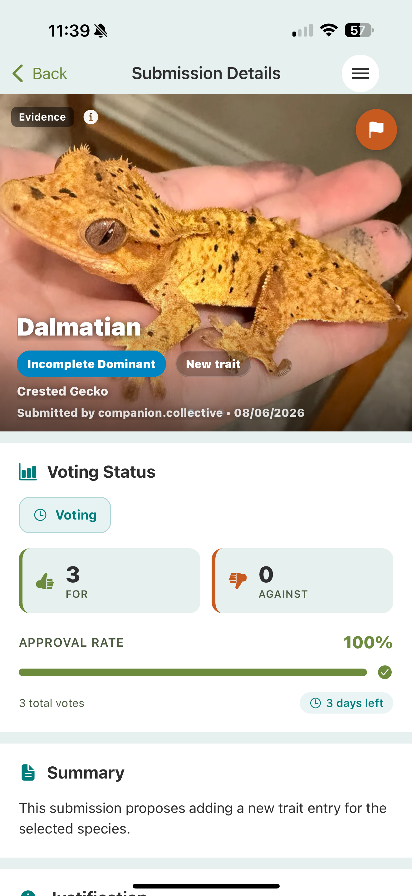 A HerpDex Submission Details screen for a proposed 'Dalmatian' Crested Gecko trait: an evidence photo, a Voting Status card with For / Against counts, an approval-rate bar, days left, and a summary.