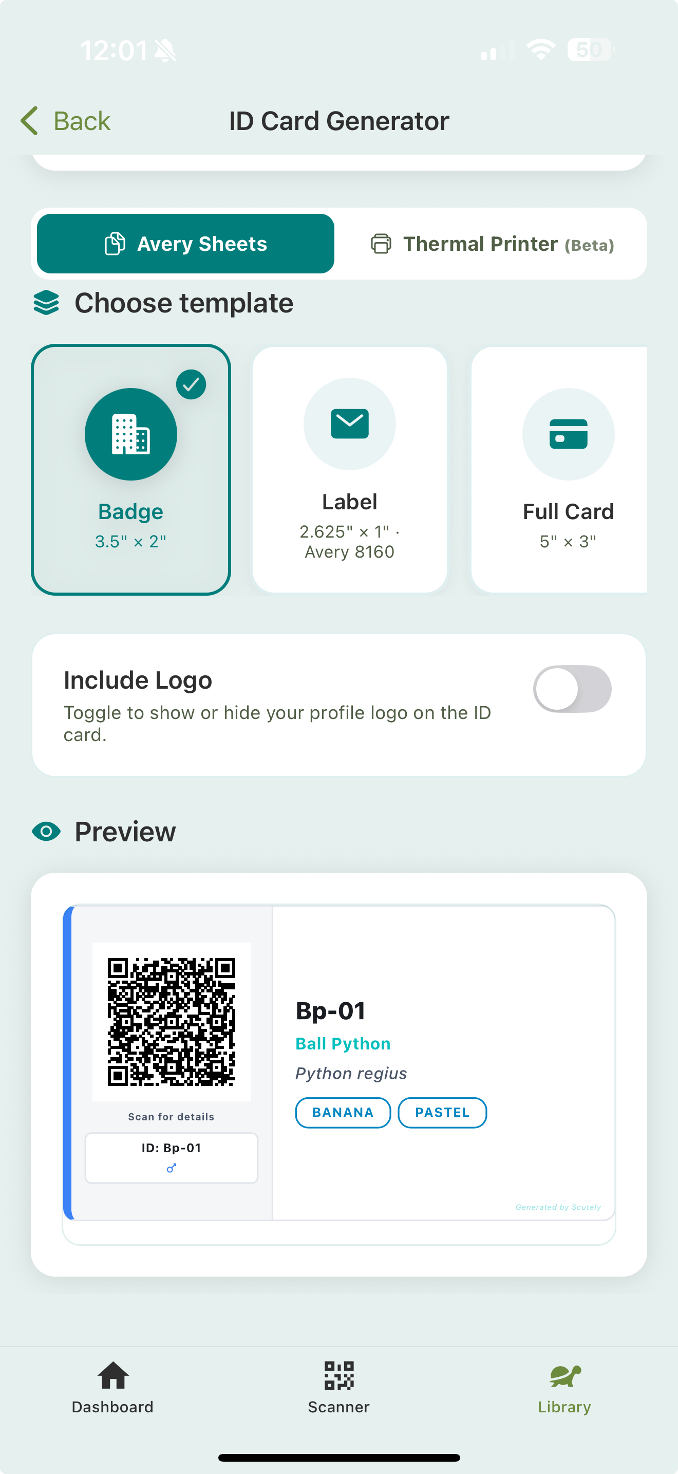 The ID Card Generator with an Avery Sheets / Thermal Printer toggle, a template picker (Badge, Label, Full Card), an Include Logo switch, and a live card preview showing a QR code, name, species, and trait chips.