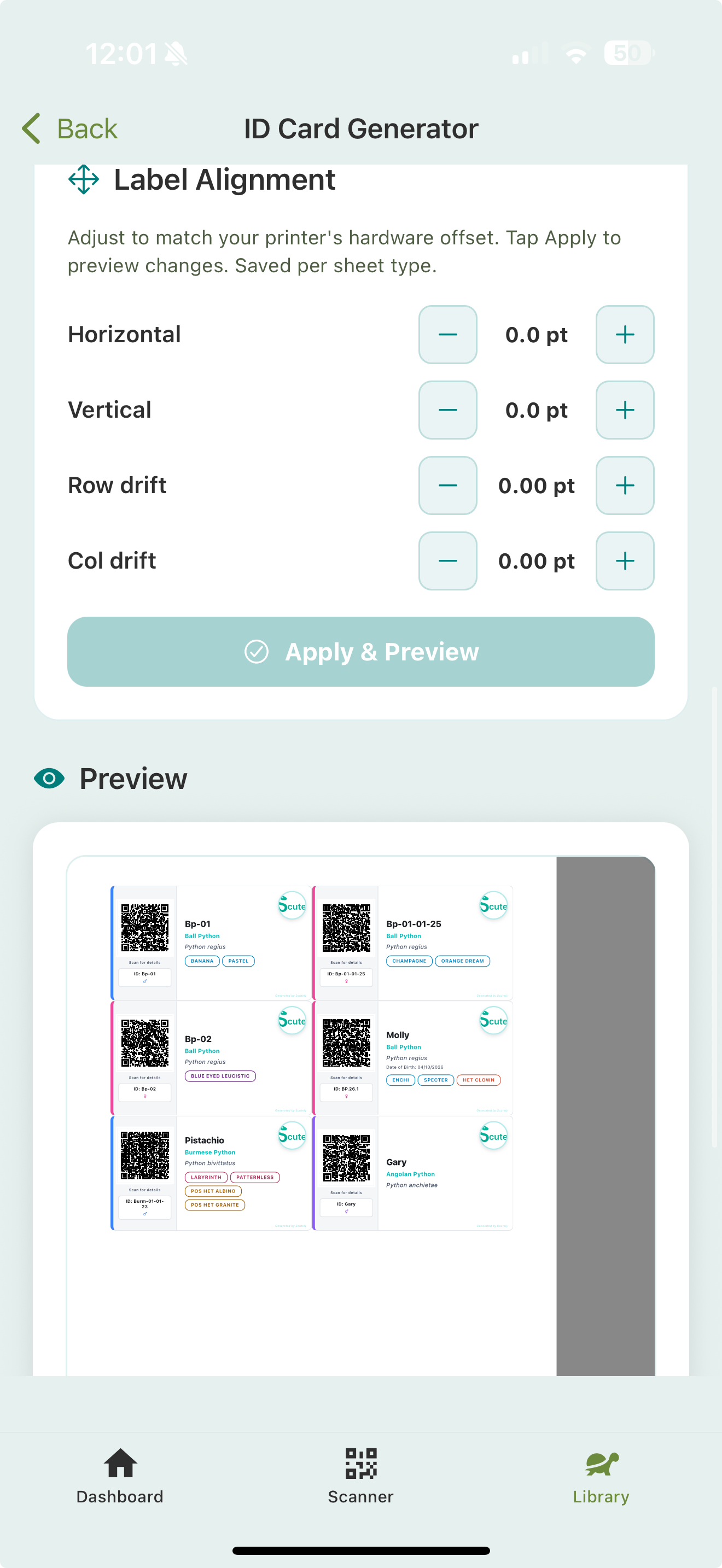 The Label Alignment controls with horizontal, vertical, row-drift, and column-drift offsets and an Apply & Preview button, above a preview of a full Avery sheet laid out with several animal cards.