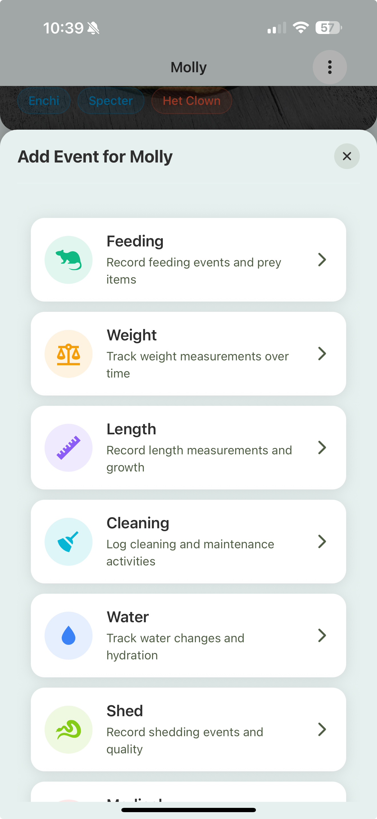 The Add Event screen showing the event type list: Feeding, Weight, Length, Cleaning, Water, and Shed.
