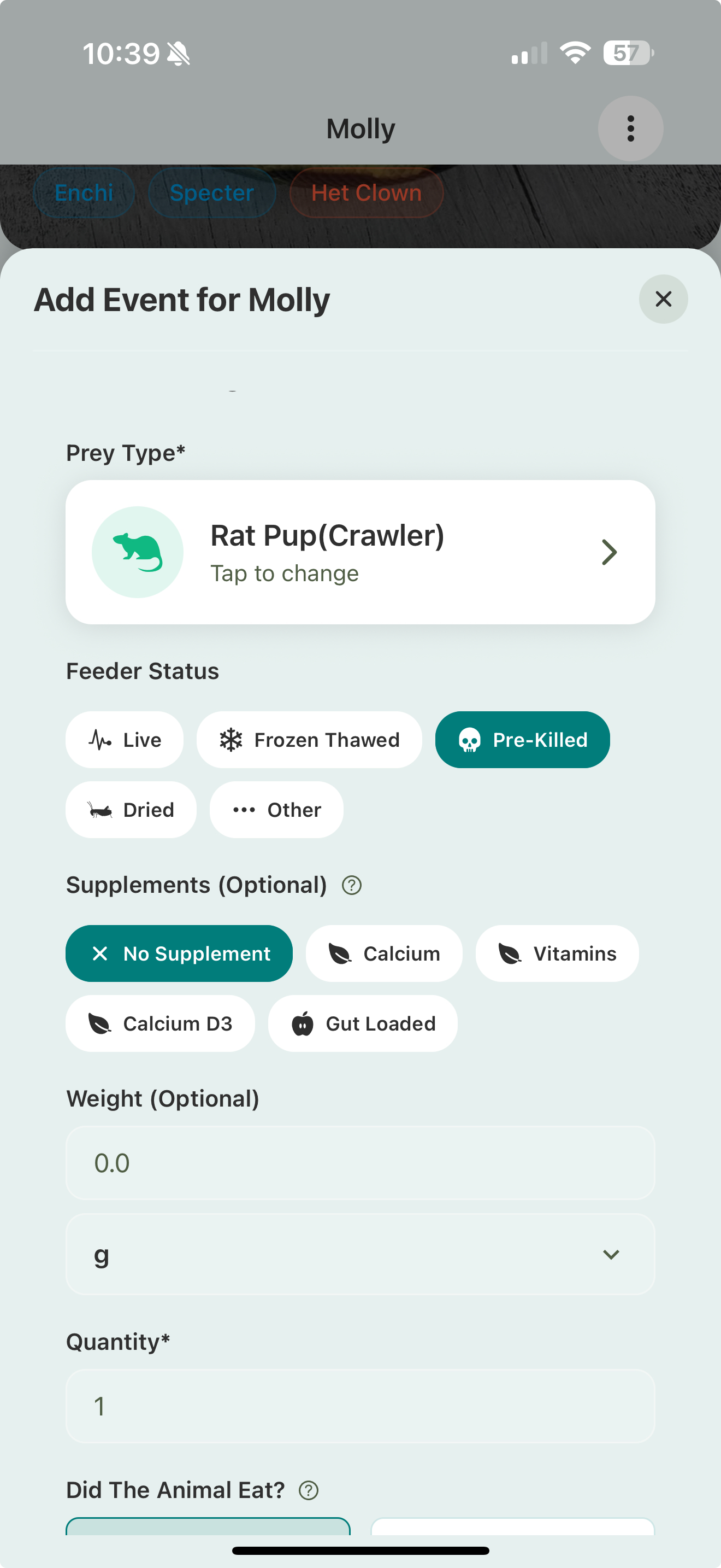 The feeding form with prey type, feeder status, supplements, weight, and quantity.