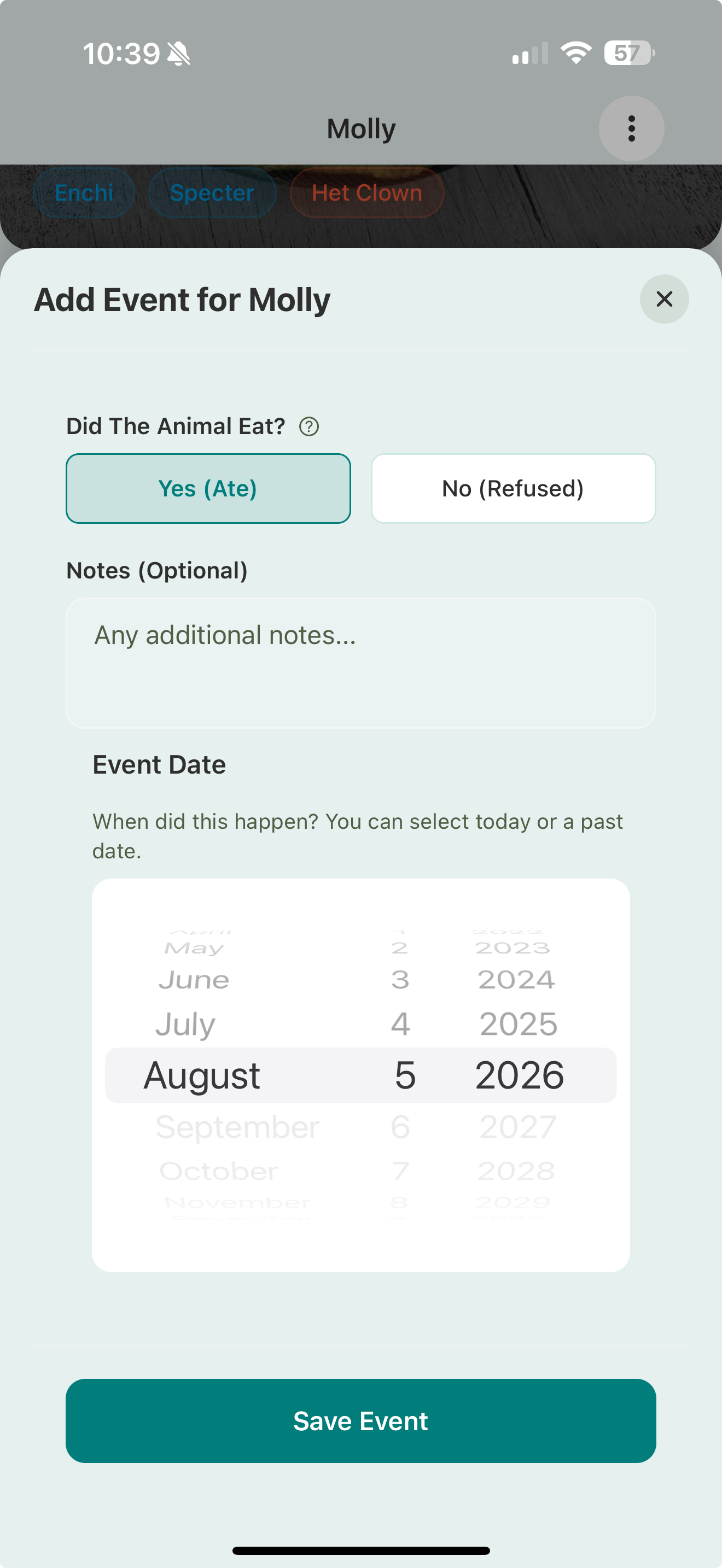 The rest of the feeding form: Did the animal eat (Yes or No), notes, an event date picker, and Save Event.