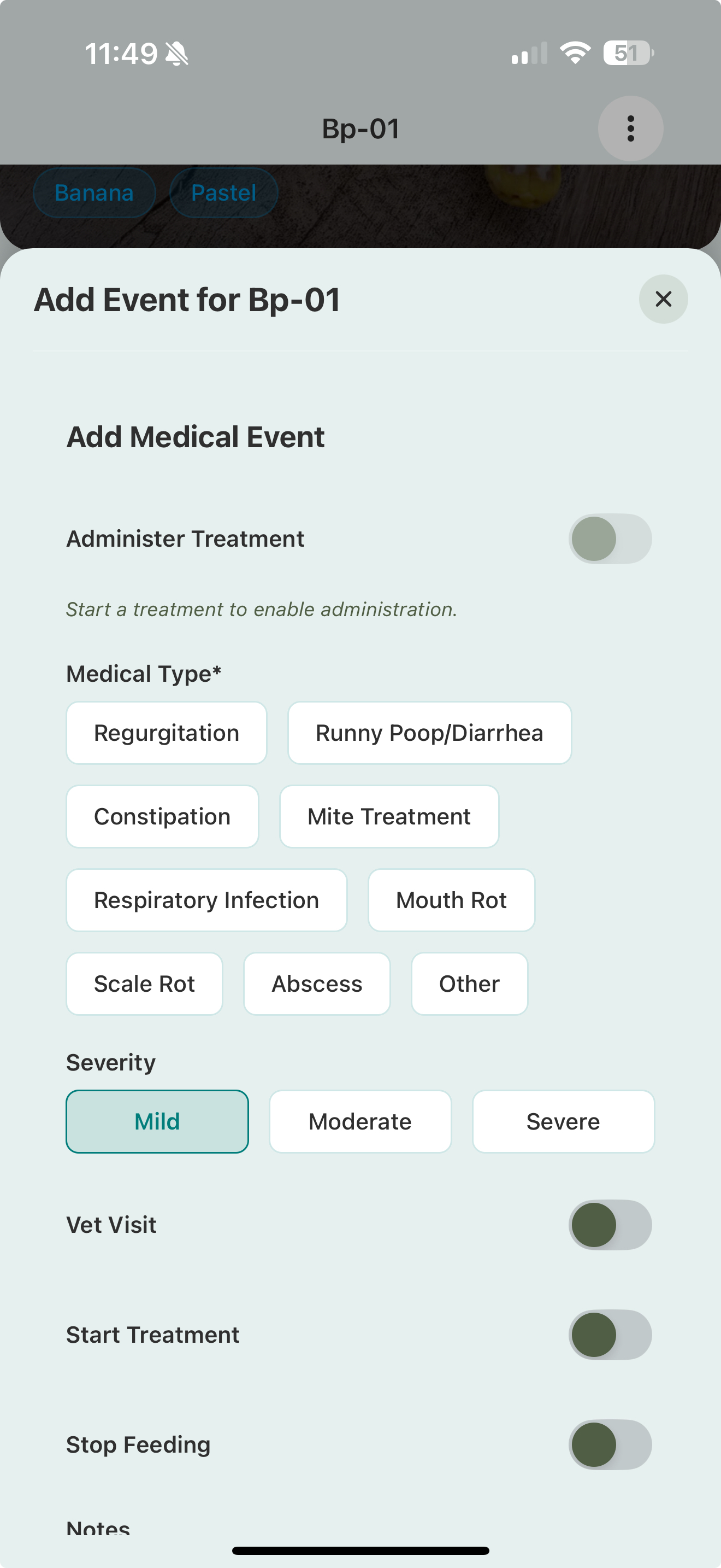 The Add Medical Event form with a Medical Type grid (regurgitation, mite treatment, respiratory infection, and more), a Severity selector, and Vet Visit, Start Treatment, and Stop Feeding toggles.