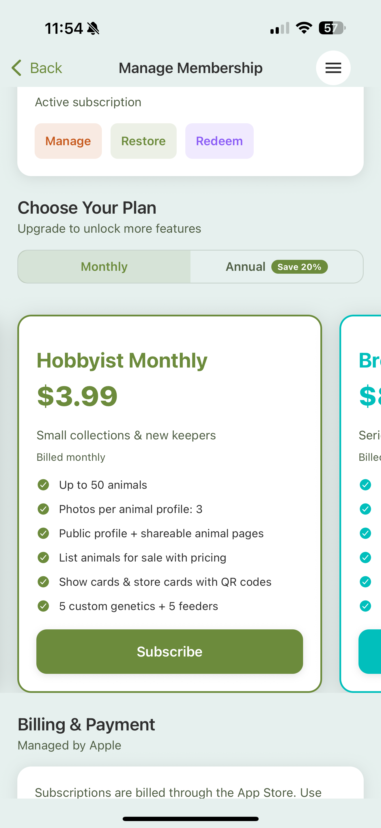 The Hobbyist Monthly plan card at $3.99, listing up to 50 animals, 3 photos per profile, public profile and shareable pages, for-sale listings, show/store cards, and 5 custom genetics + feeders, with a Subscribe button.