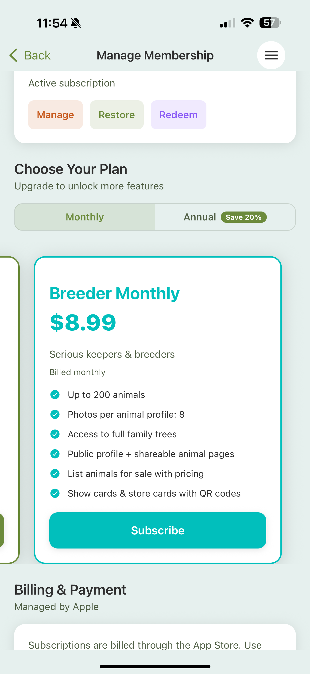The Breeder Monthly plan card at $8.99, listing up to 200 animals, 8 photos per profile, access to full family trees, public profile and shareable pages, for-sale listings, and show/store cards, with a Subscribe button.