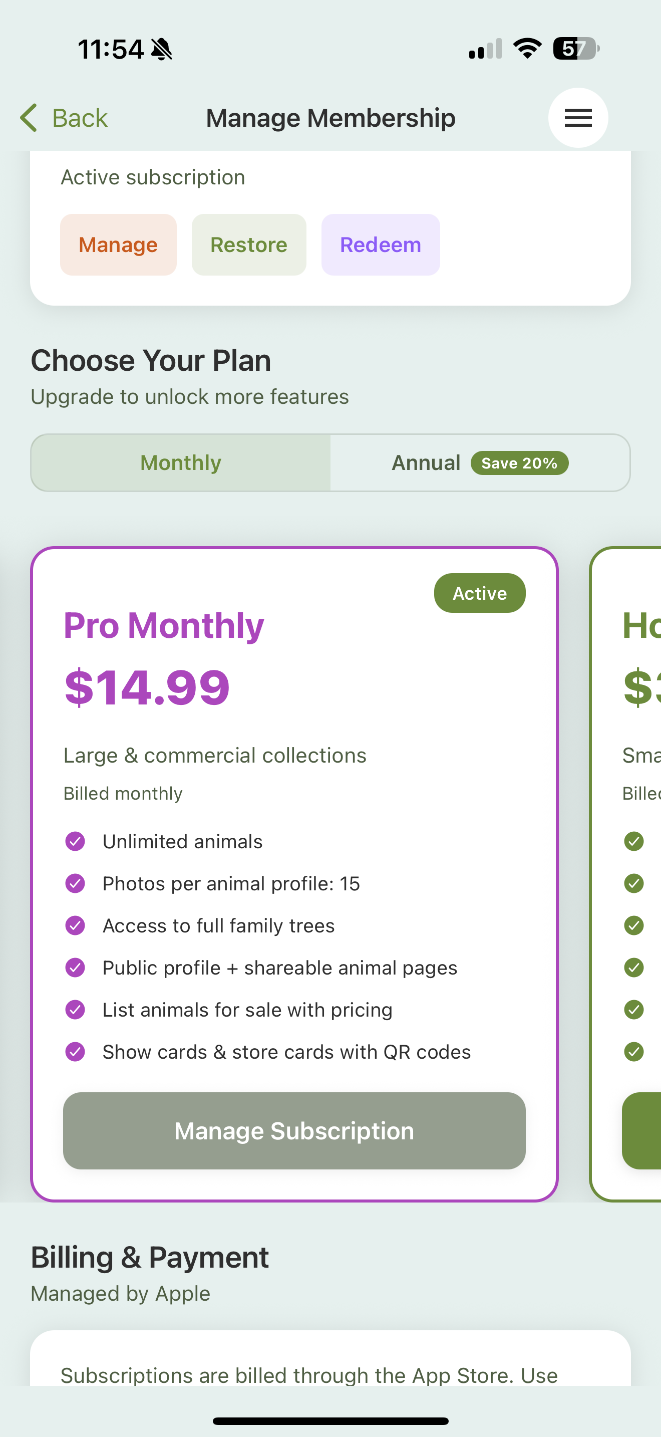 The Pro Monthly plan card at $14.99, marked Active, listing unlimited animals, 15 photos per profile, full family trees, public profile and shareable pages, for-sale listings, and show/store cards, with a Manage Subscription button.