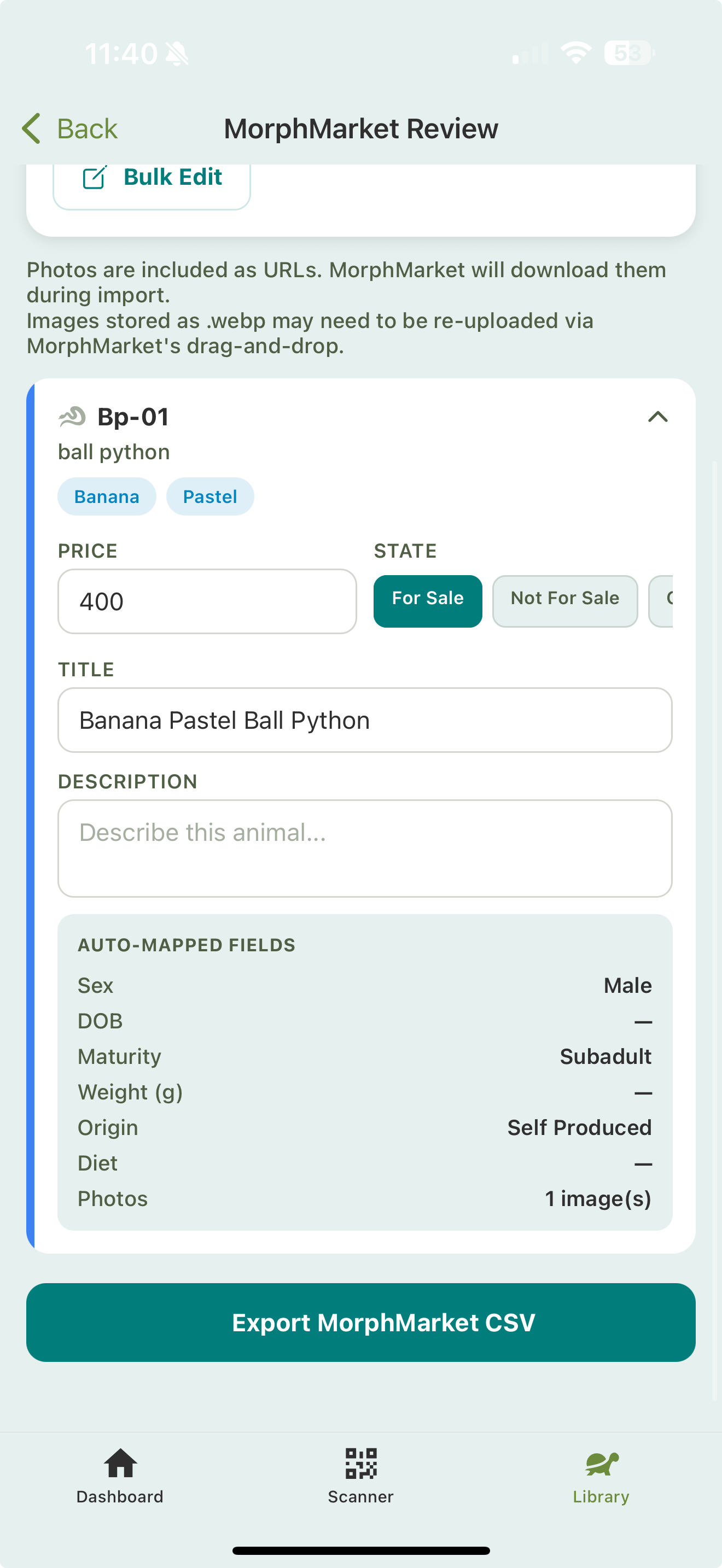 The MorphMarket Review screen for an animal, showing its trait chips, a Price field, For Sale / Not For Sale / On Hold state buttons, an editable title and description, and auto-mapped fields.