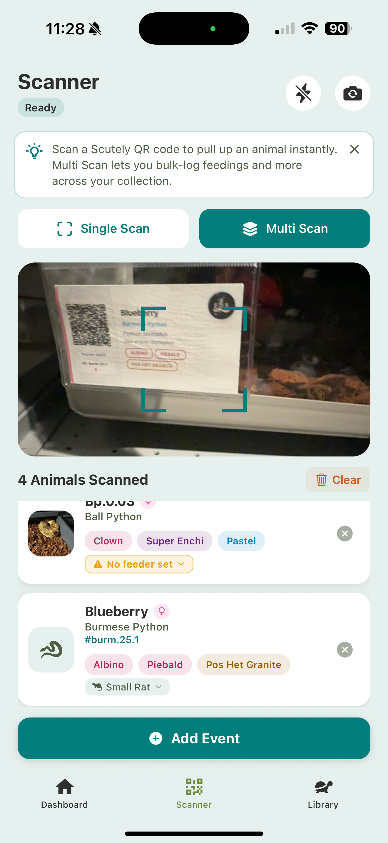 The Scanner in Multi Scan mode showing a '4 Animals Scanned' list, each animal with its trait chips and a feeder picker, and an Add Event button for the whole batch.