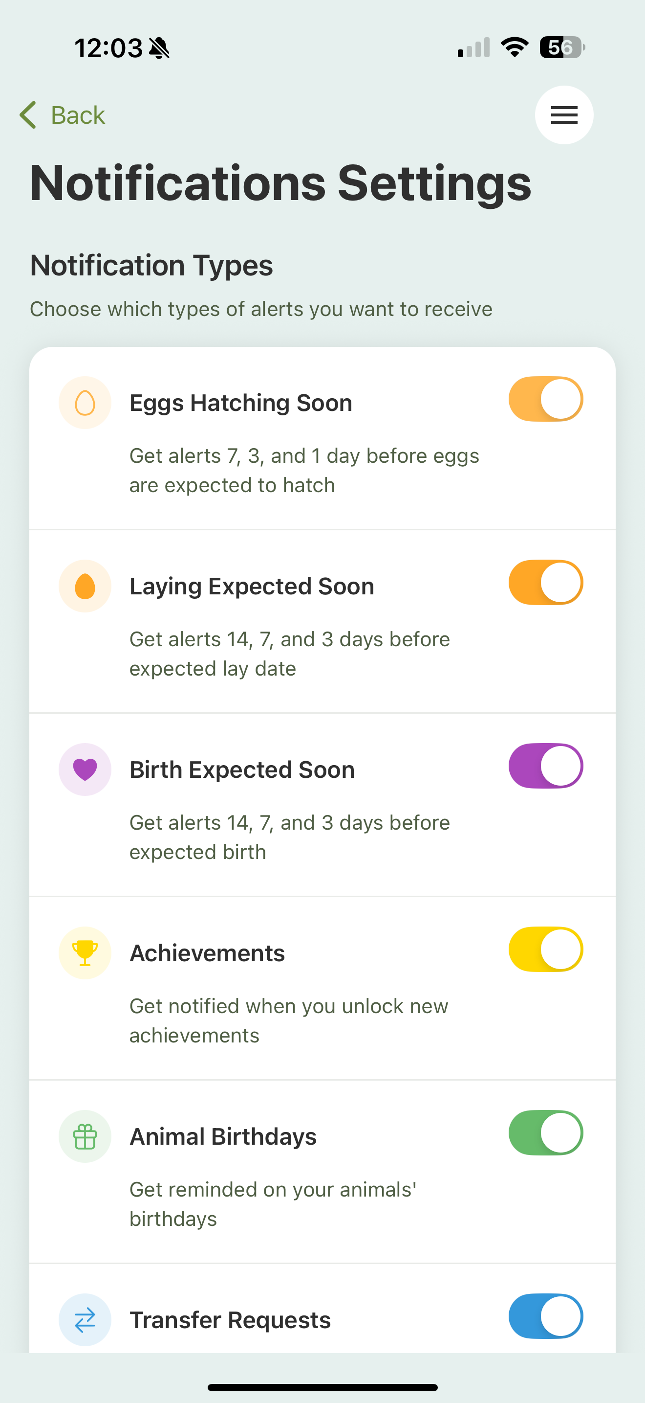 The Notifications Settings screen with per-type toggles: Eggs Hatching Soon, Laying Expected Soon, Birth Expected Soon, Achievements, Animal Birthdays, and Transfer Requests.