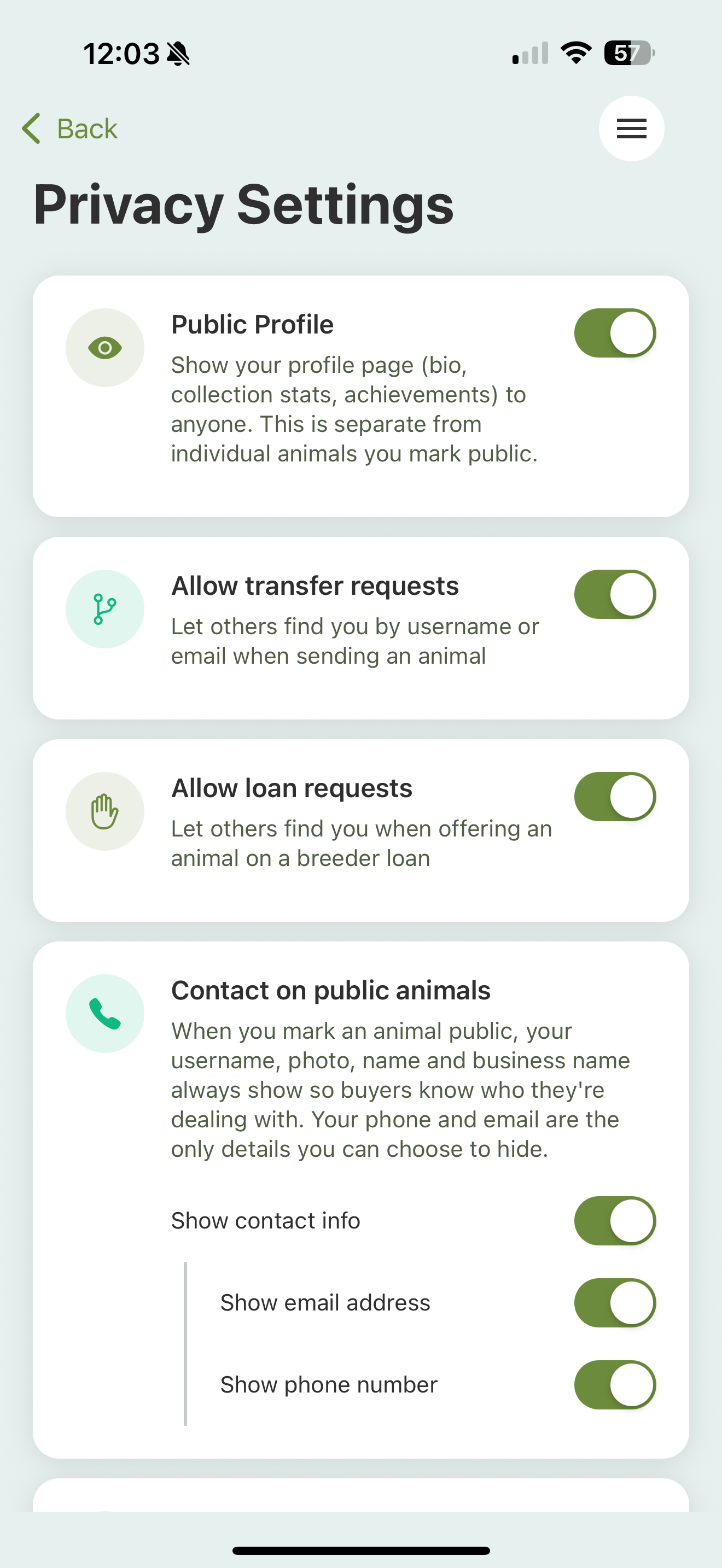 The Privacy Settings screen: a Public Profile toggle, Allow transfer requests and Allow loan requests toggles, and a Contact on public animals card with Show contact info, email, and phone toggles.