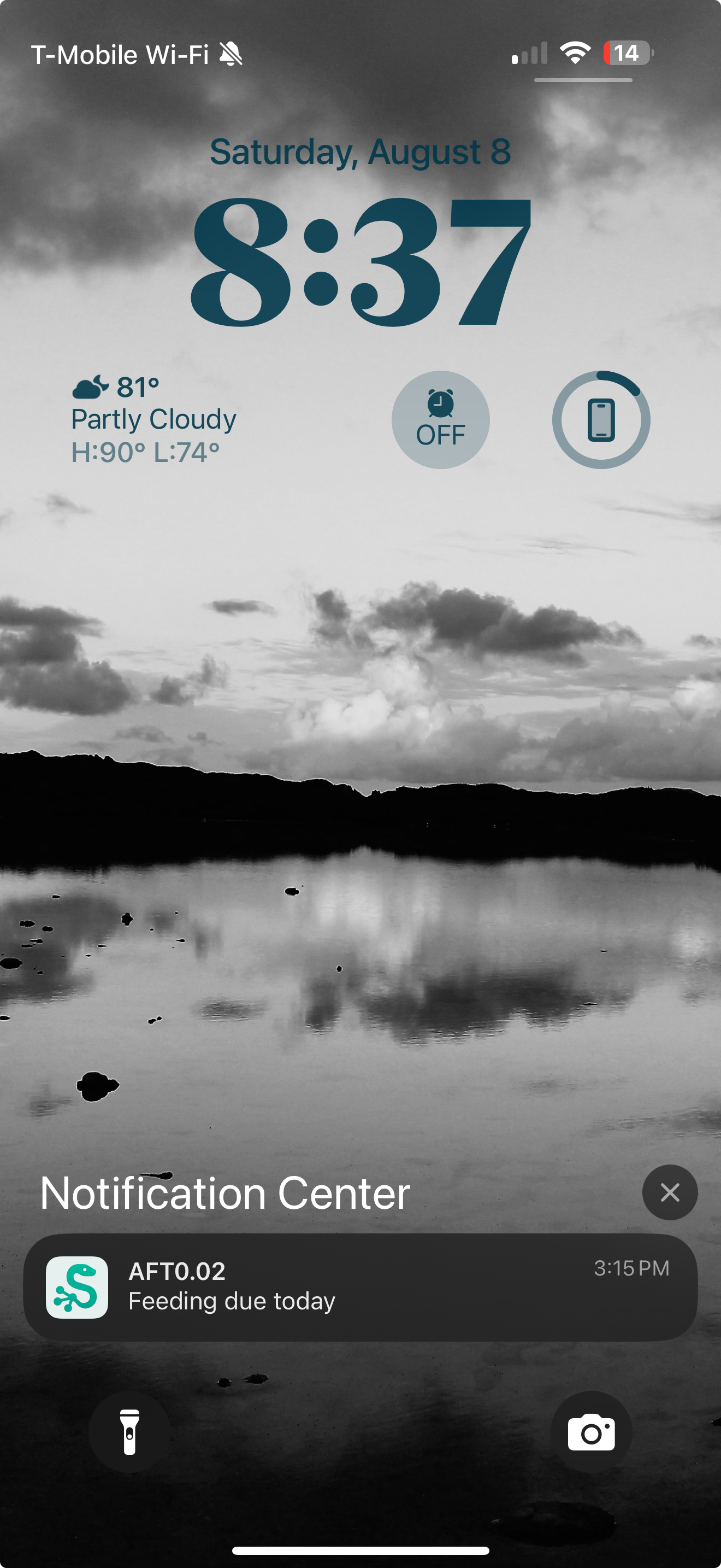 A phone lock screen showing a Scutely push notification in the Notification Center reading 'AFT0.02 — Feeding due today'.