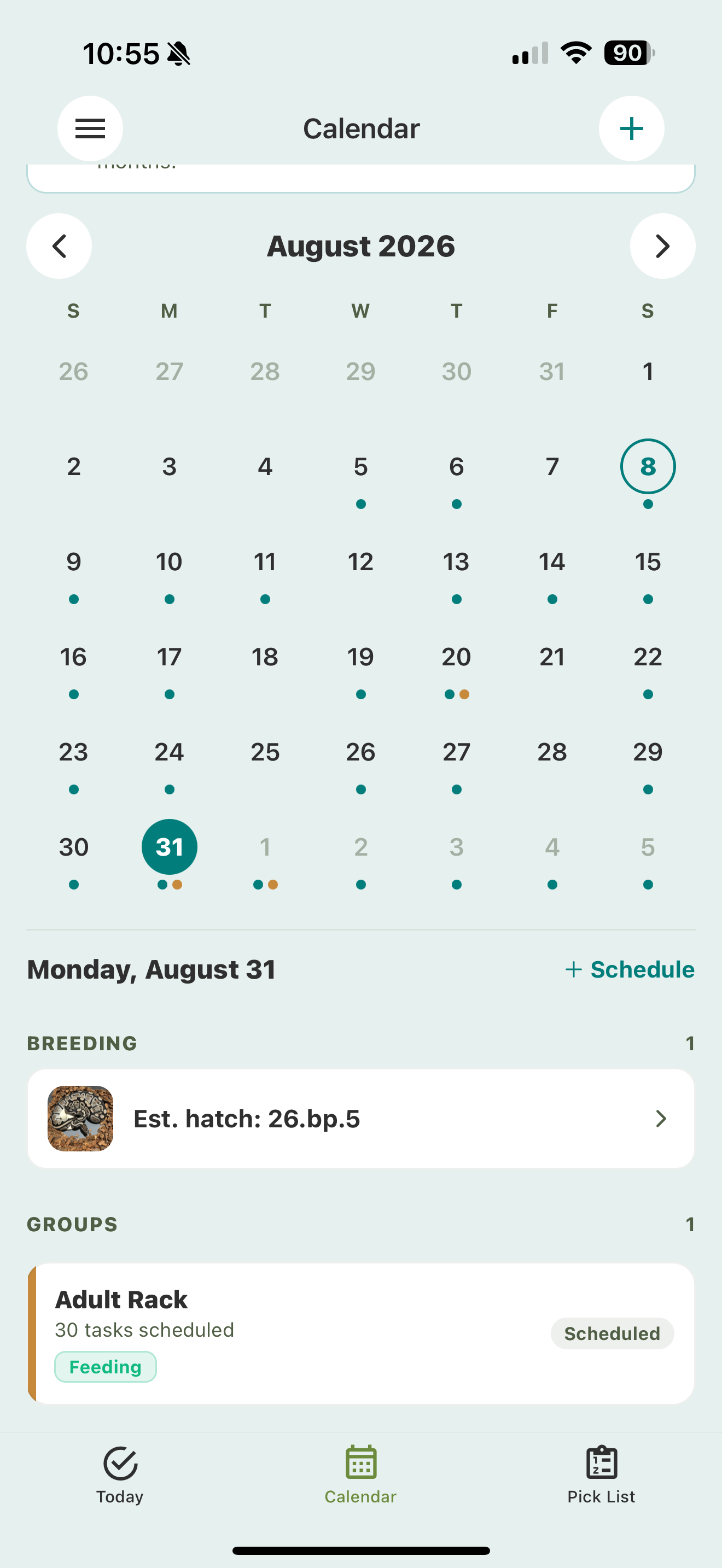 The Calendar tab: a month grid with dots marking days that have scheduled care, and the selected day's tasks listed below (a breeding hatch estimate and a group feeding), with a Schedule button.