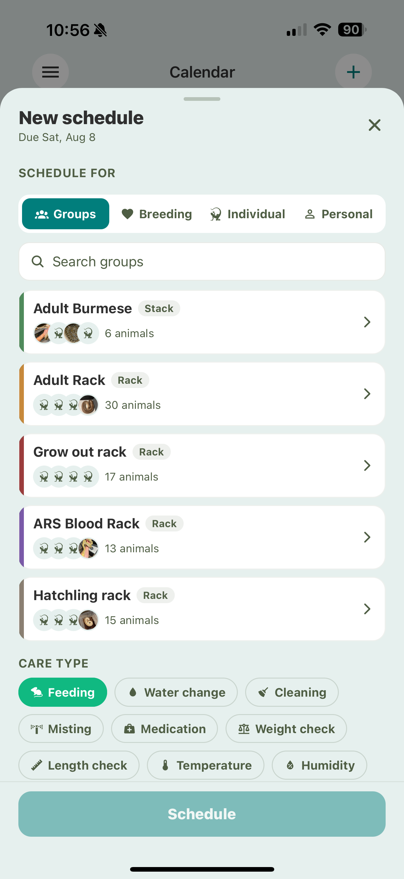 The New schedule sheet with a Schedule For selector (Groups, Breeding, Individual, Personal), a list of groups and racks to pick, and a Care Type grid (feeding, water change, cleaning, and more).