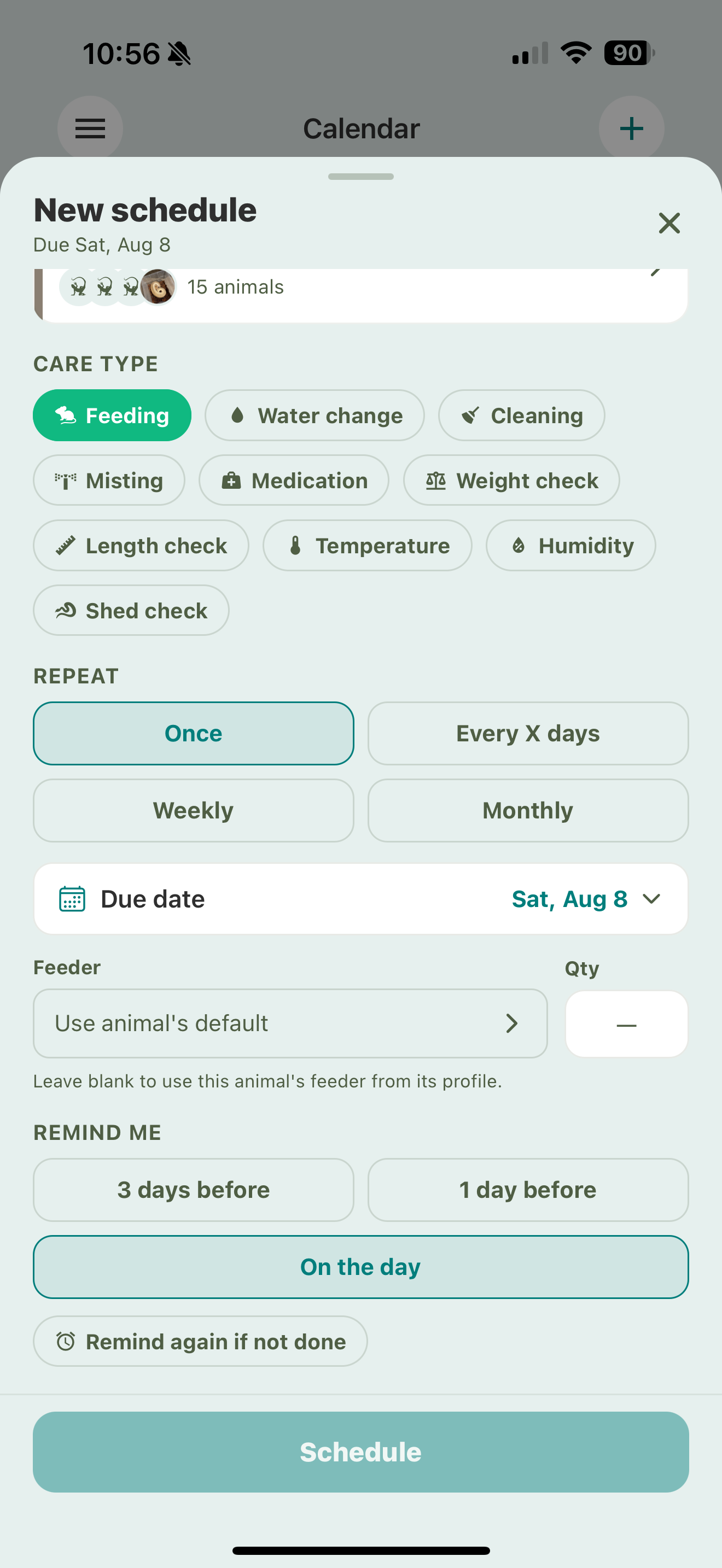 The lower half of the New schedule sheet: a Repeat selector (Once, Every X days, Weekly, Monthly), a Due date row, a Feeder and Qty row, and Remind Me options.