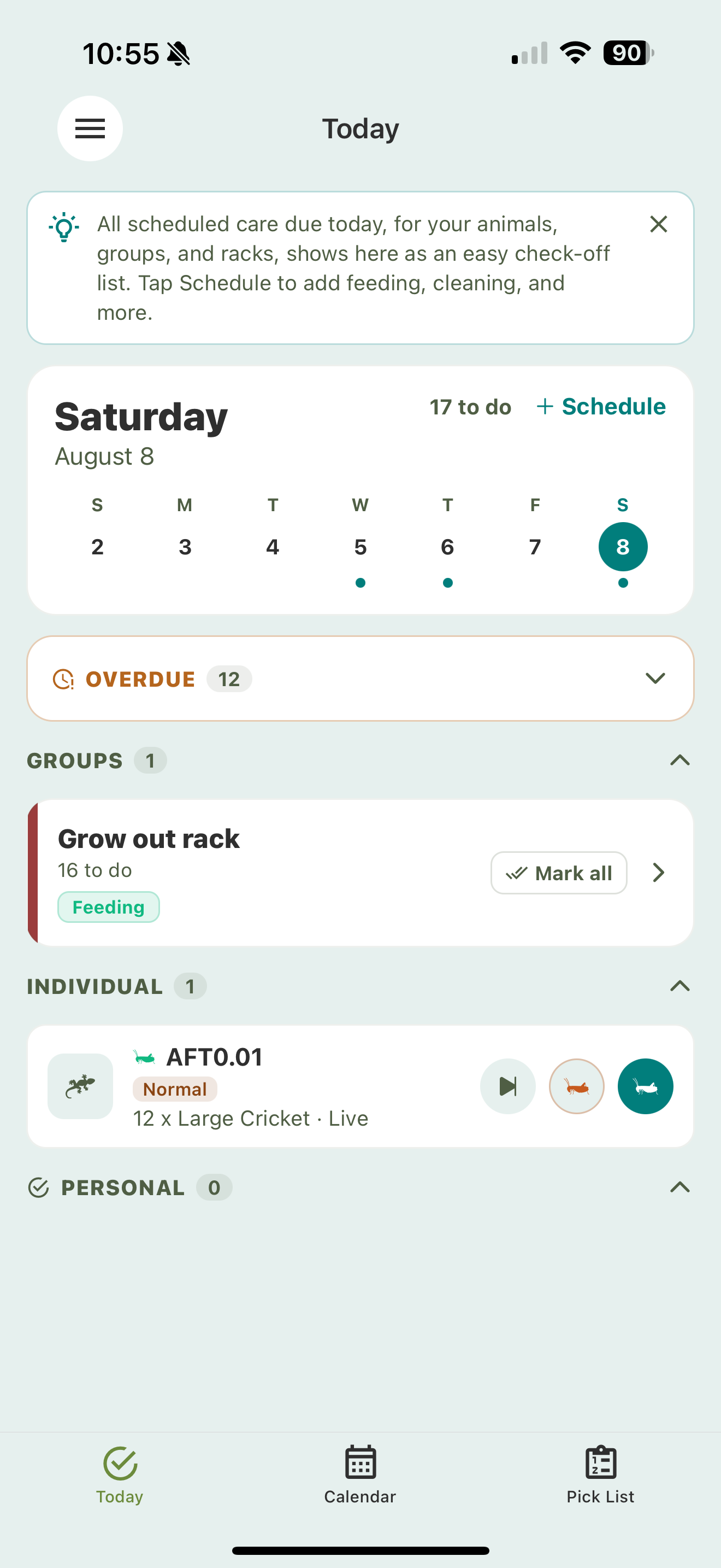 The Today tab: an Overdue count, then tasks grouped into Groups, Individual, and Personal sections, each animal with Fed / Refused / Skip buttons and a Mark all shortcut per group.