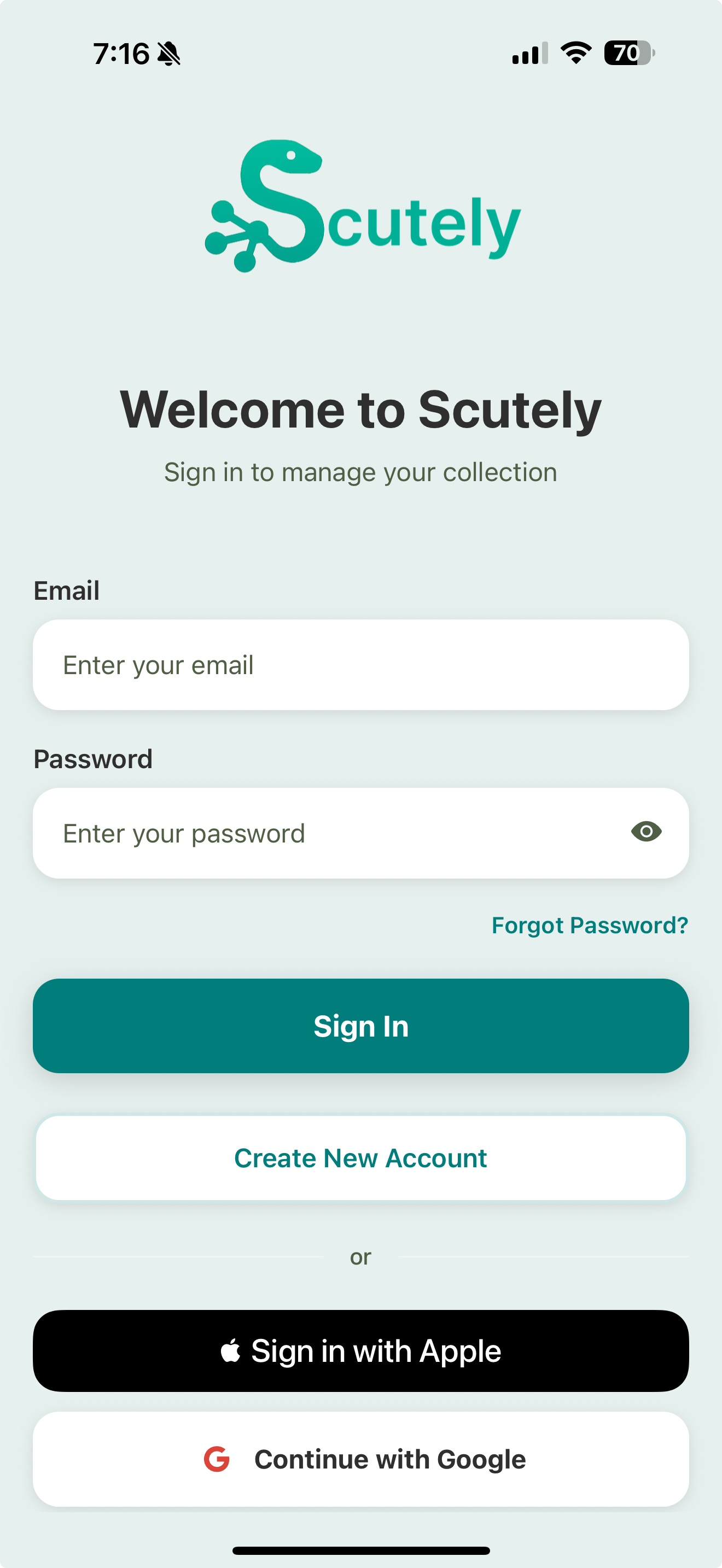 The Scutely sign-in screen with email and password fields, Create New Account, and Sign in with Apple and Google buttons.