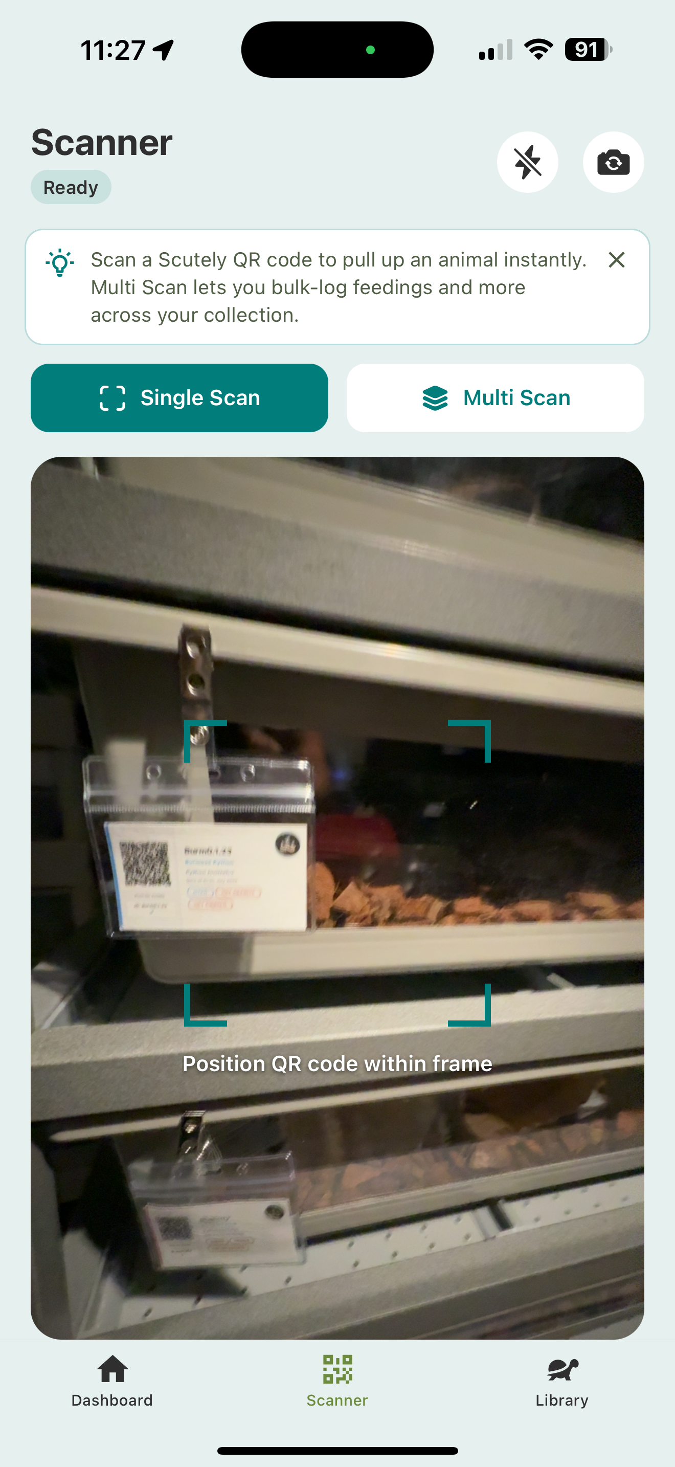The Scanner in Single Scan mode, with the camera framing an enclosure's QR card and a 'Position QR code within frame' prompt.