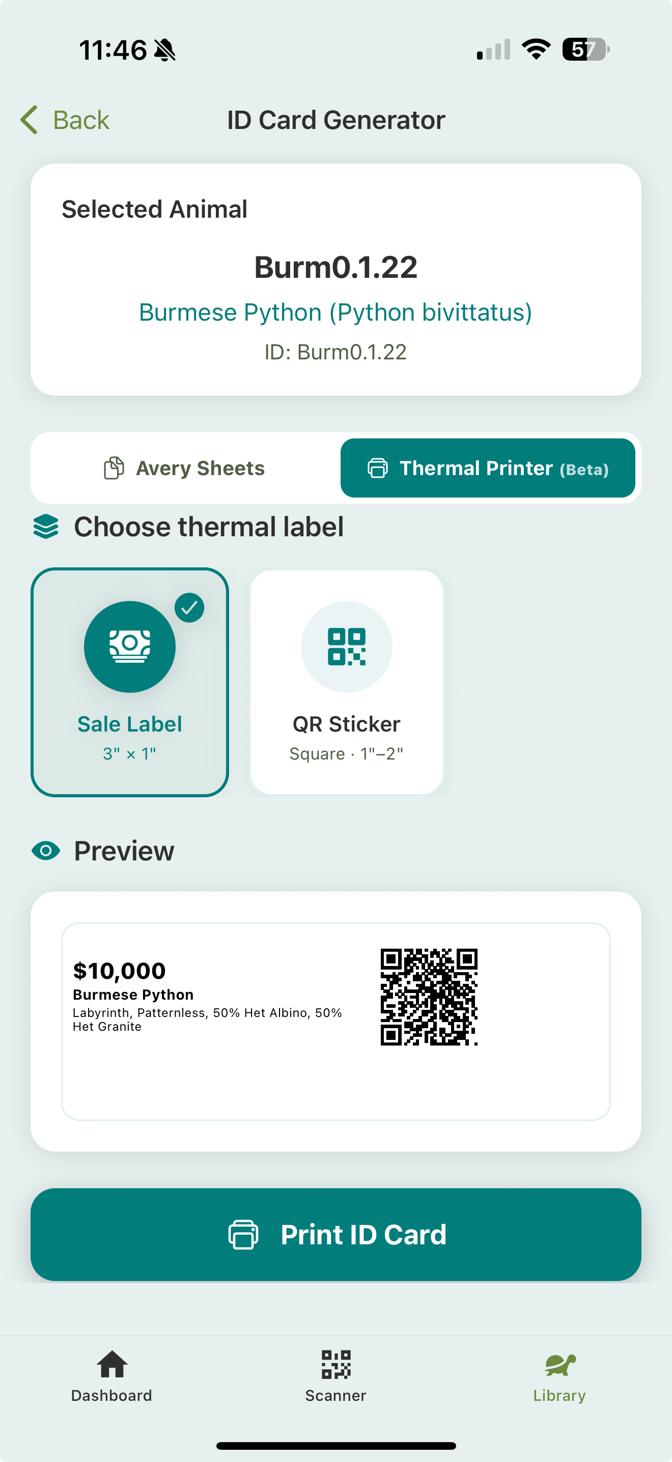 The ID Card Generator's Thermal Printer (Beta) tab: a Sale Label and QR Sticker template picker, and a preview of a 3-inch sale label showing the price, species, traits, and a QR code, with a Print ID Card button.