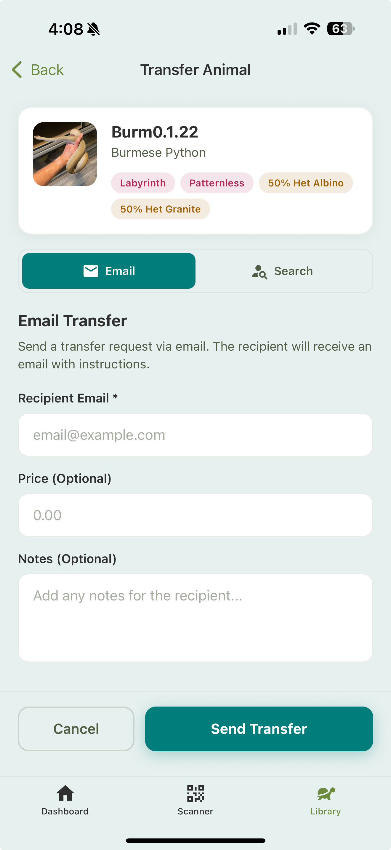 The Transfer Animal screen: the animal's card with its traits, an Email / Search recipient toggle, and the Email Transfer form with Recipient Email, optional Price, and Notes fields, above Cancel and Send Transfer buttons.